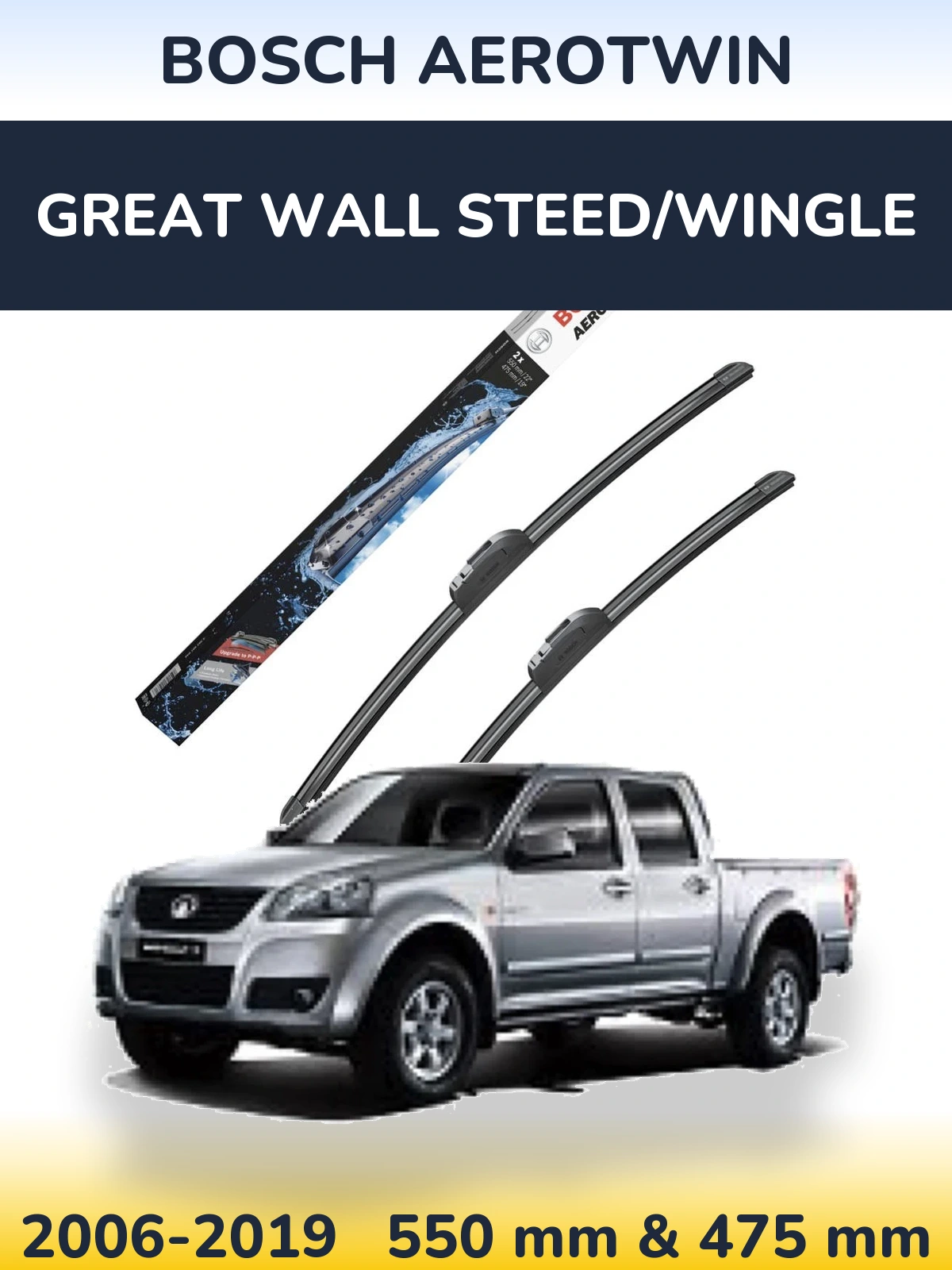 Front wiper blade set BOSCH AeroTwin 550 & 475 мм for Great Wall Steed/Wingle 2006-2019
