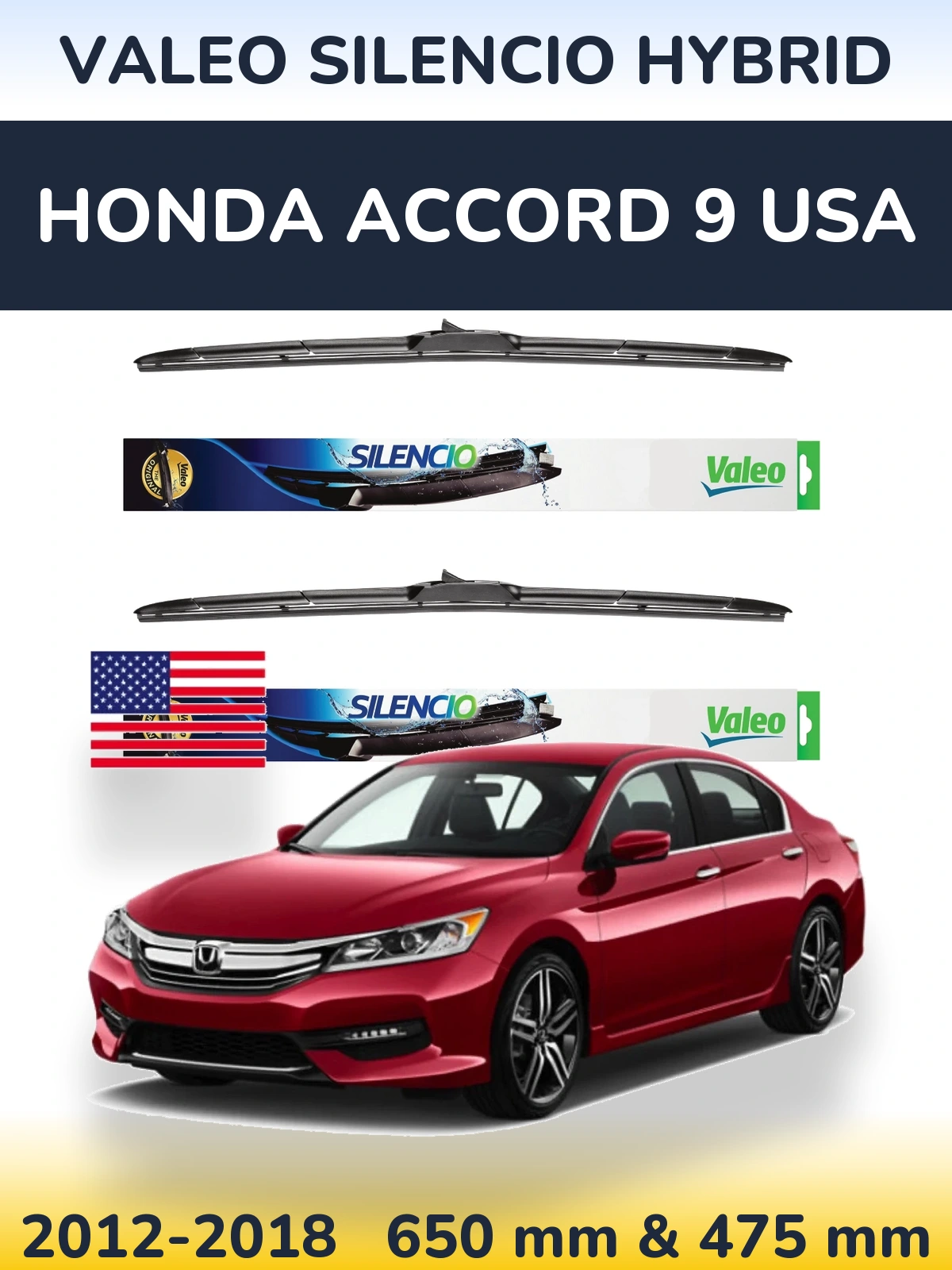 Komplet przednich wycieraczek Valeo Silencio Hybrid 650 & 475 mm do Honda Accord 9 USA 2012-2018