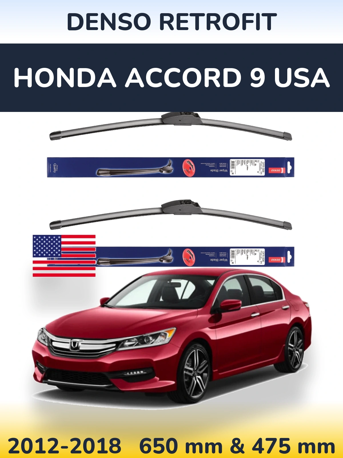 Front wiper blade set Denso Retrofit 650 & 475 мм for Honda Accord 9 USA 2012-2018