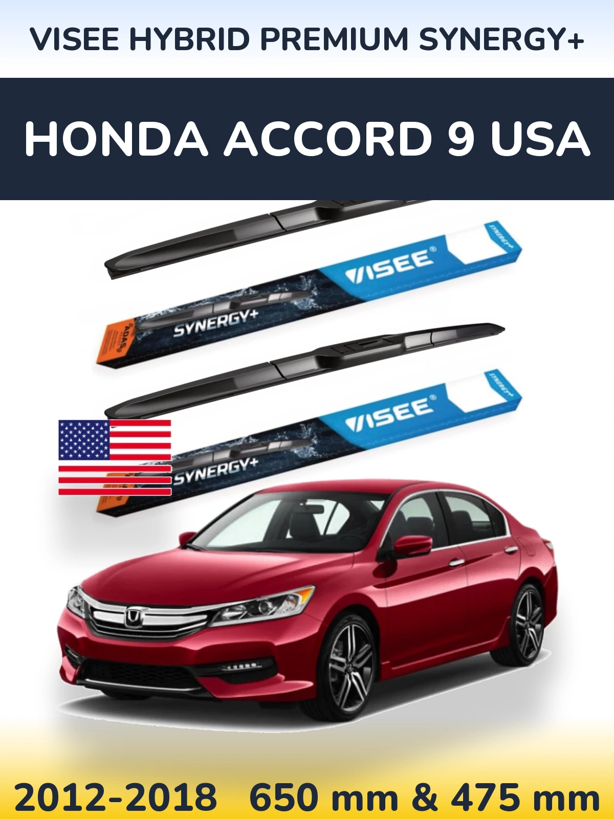 Комплект передніх щіток VISEE HYBRID PREMIUM SYNERGY+ 650 & 475 мм для Honda Accord 9 USA 2012-2018