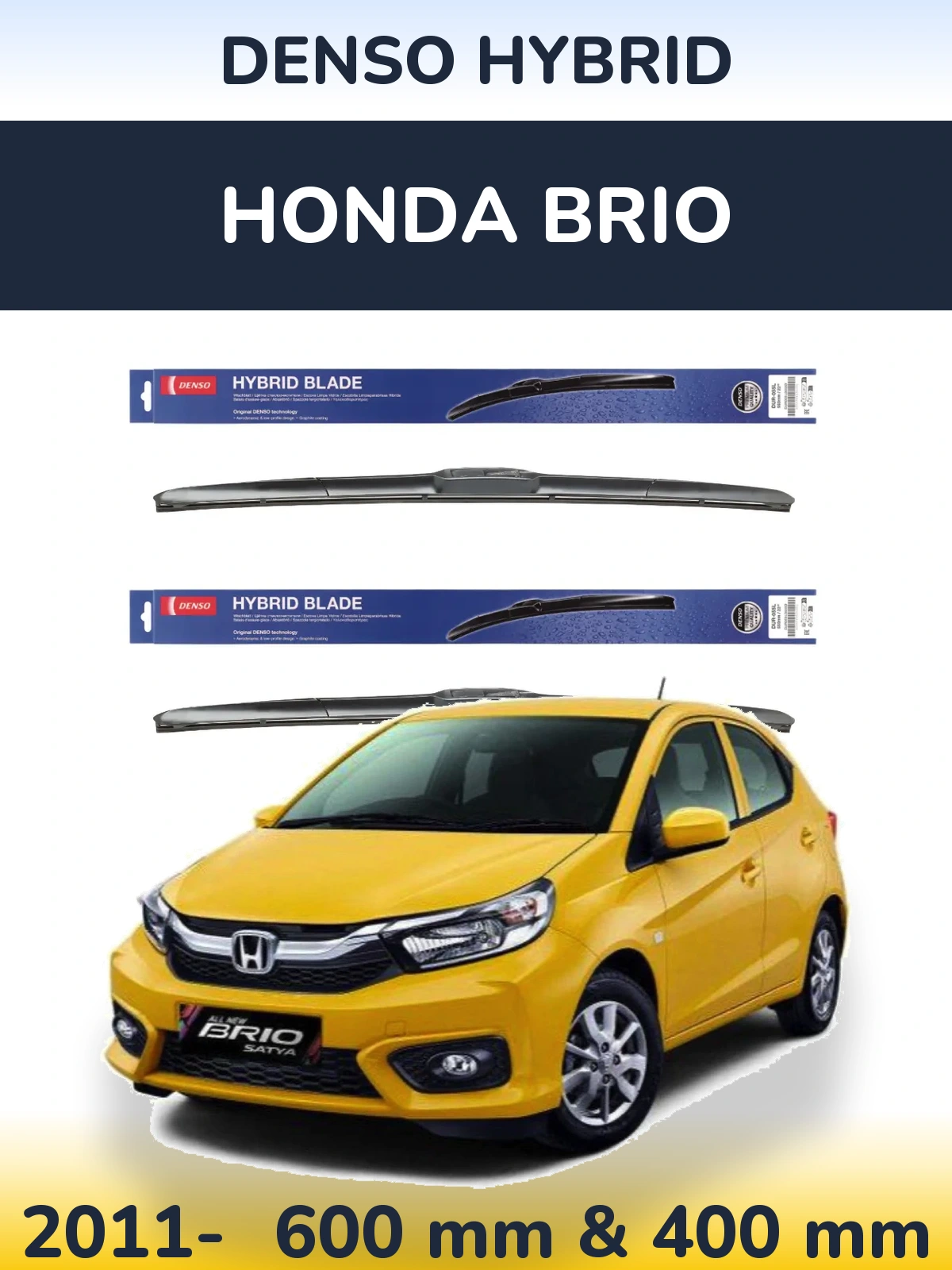 Front wiper blade set Denso Hybrid 600 & 400 мм for Honda Brio 2011-2026