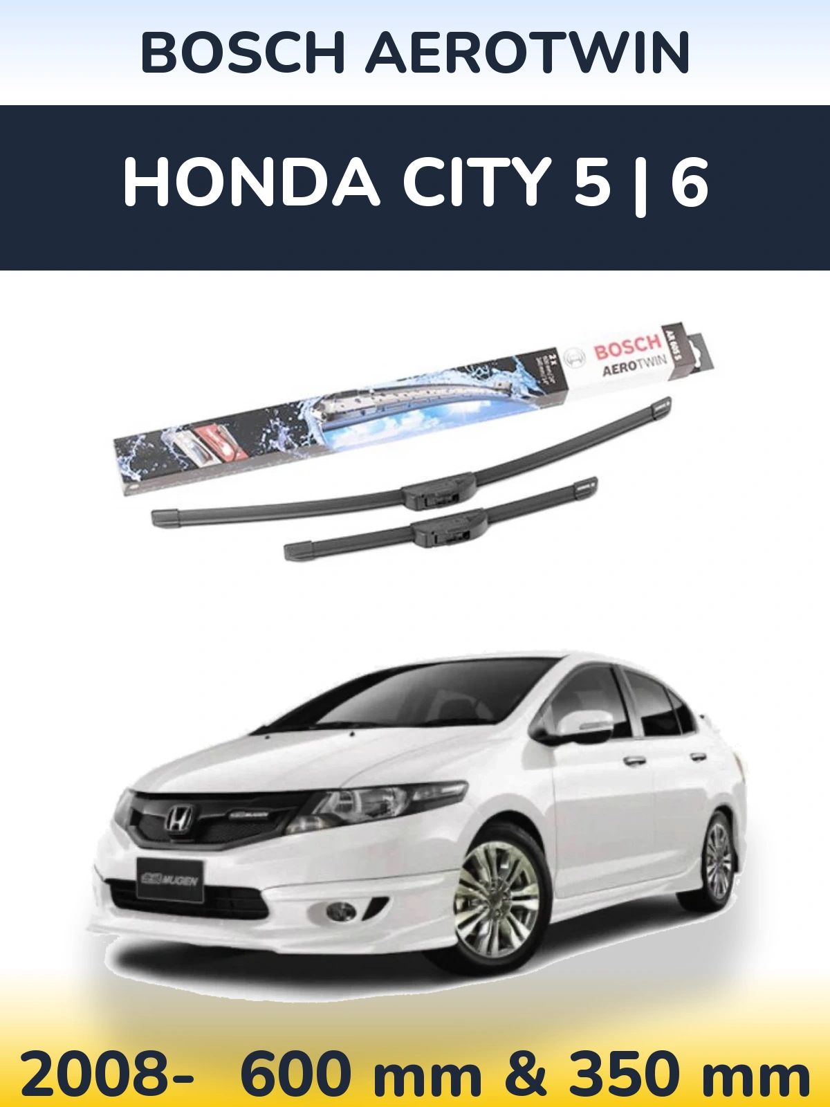 Front wiper blade set BOSCH AeroTwin 600 & 350 mm for Honda City 5 | 6 2008-2026