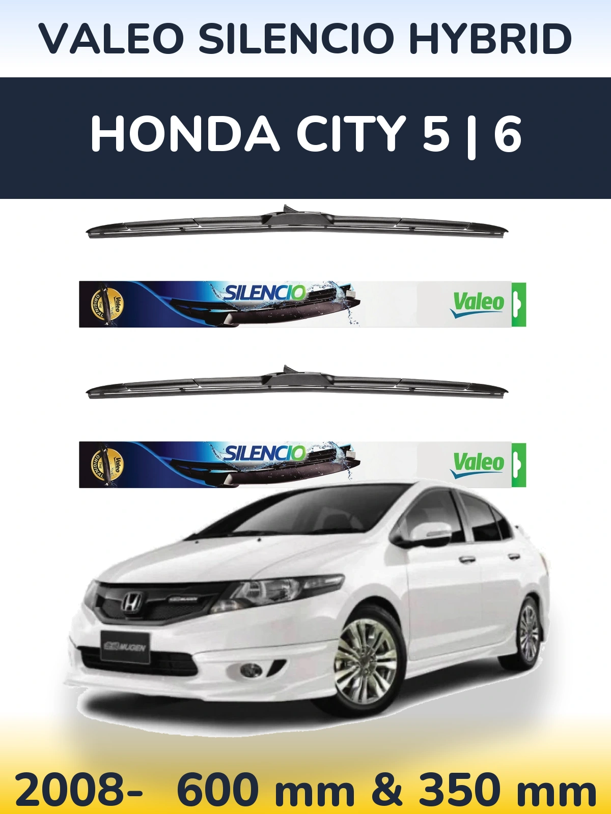 Front wiper blade set Valeo Silencio Hybrid 600 & 350 mm for Honda City 5 | 6 2008-2026