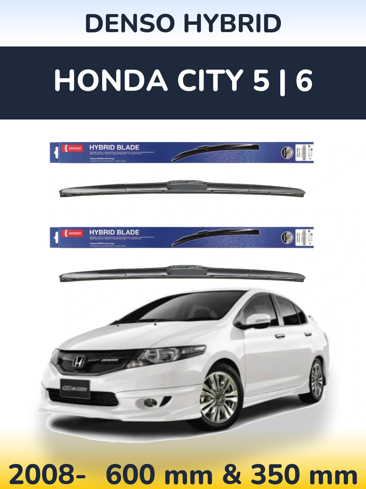Front wiper blade set Denso Hybrid 600 & 350 мм for Honda City 5 | 6 2008-2026