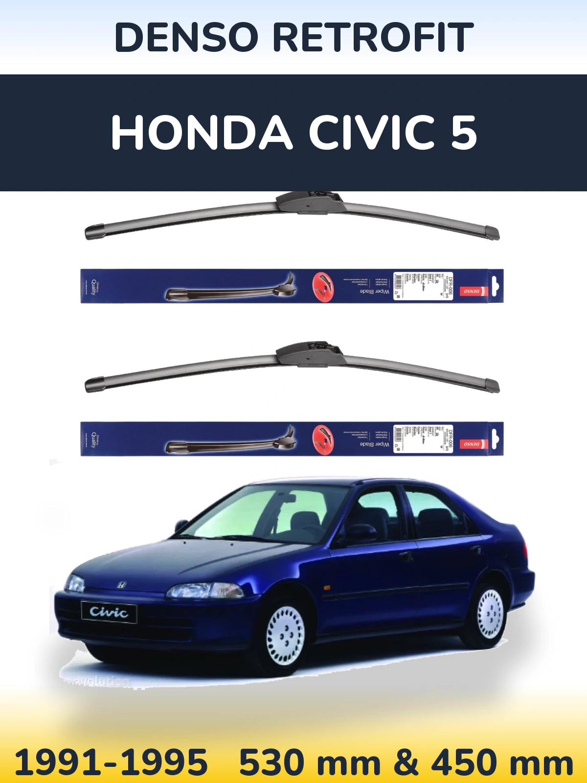 Front wiper blade set Denso Retrofit 530 & 450 mm for Honda Civic 5 1991-1995