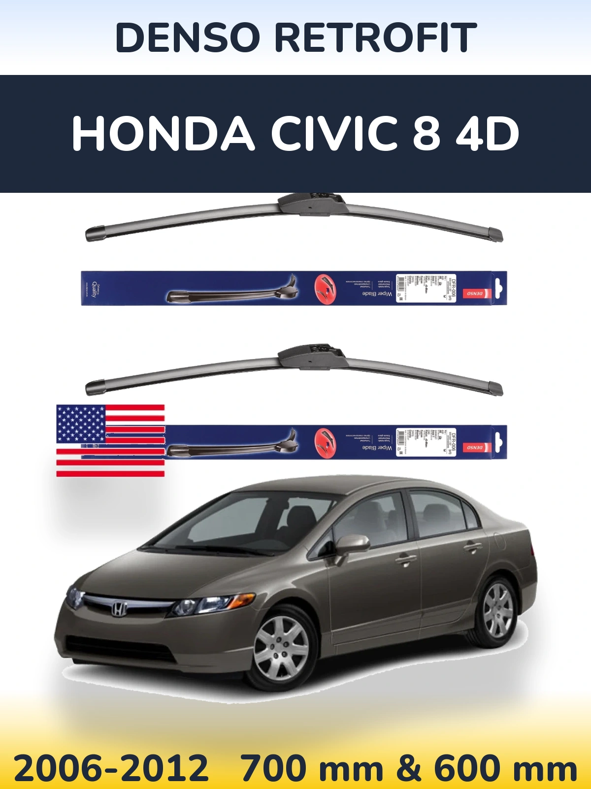 Front wiper blade set Denso Retrofit 700 & 600 mm for Honda Civic 8 4D 2006-2012
