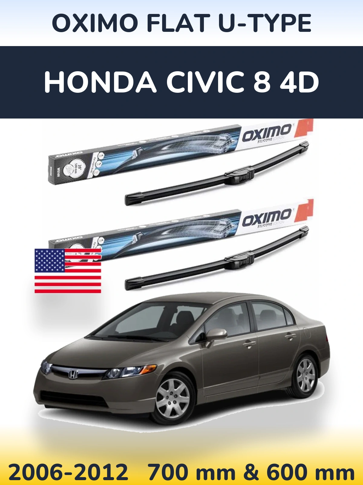 Front wiper blade set Oximo Flat U-type 700 & 600 мм for Honda Civic 8 4D 2006-2012