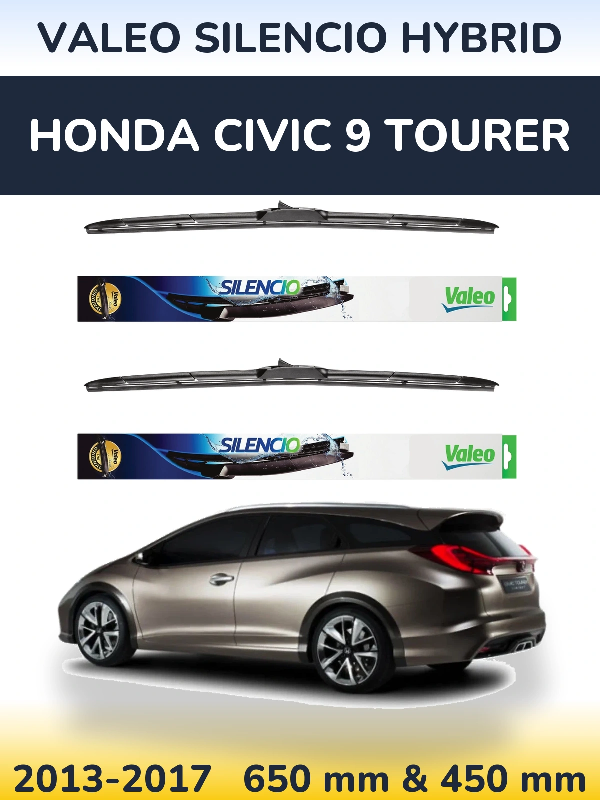 Front wiper blade set Valeo Silencio Hybrid 650 & 450 мм for Honda Civic 9 Tourer 2013-2017