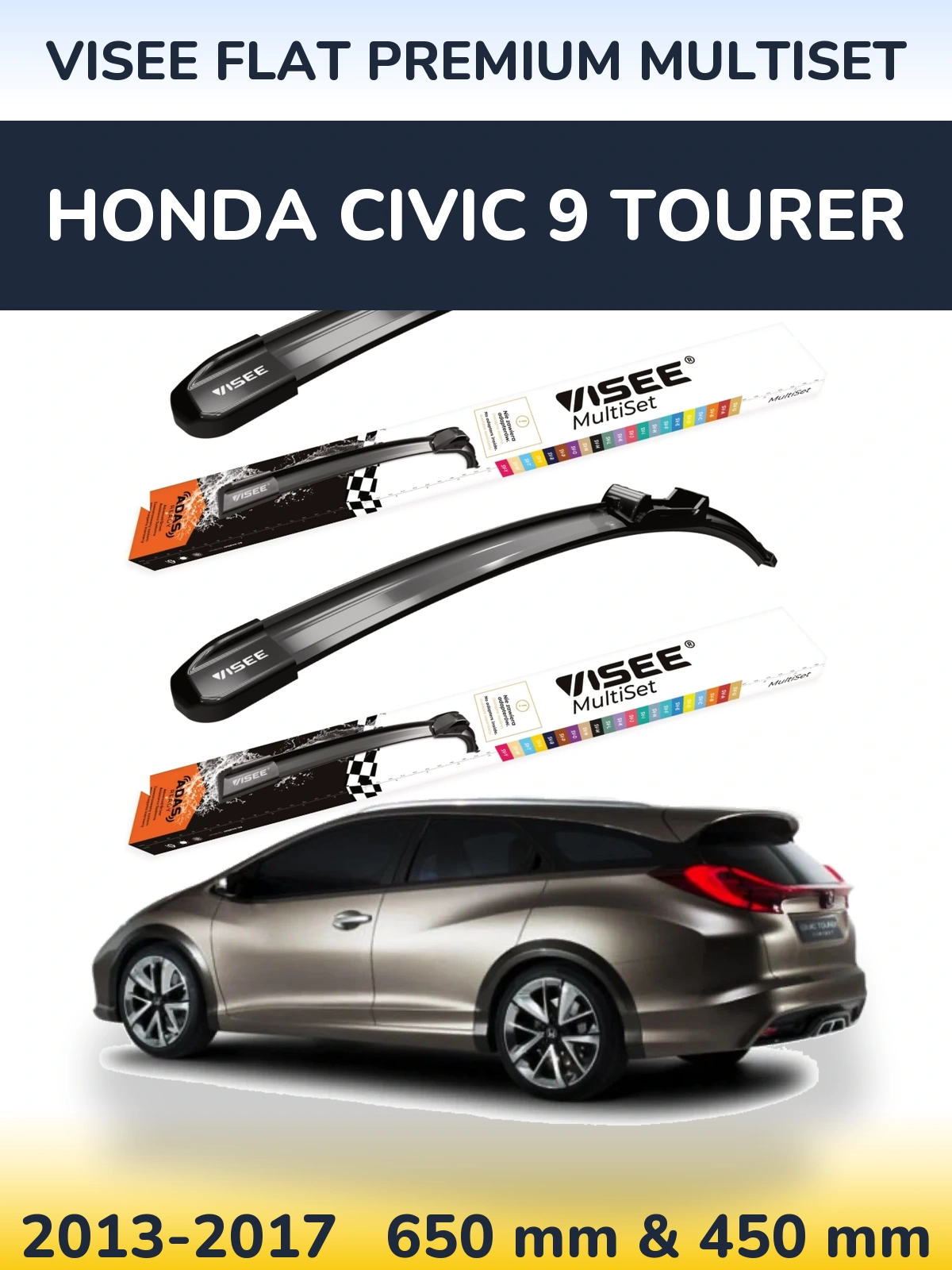 Комплект передніх щіток VISEE FLAT PREMIUM MultiSet 650 & 450 мм для Honda Civic 9 Tourer 2013-2017