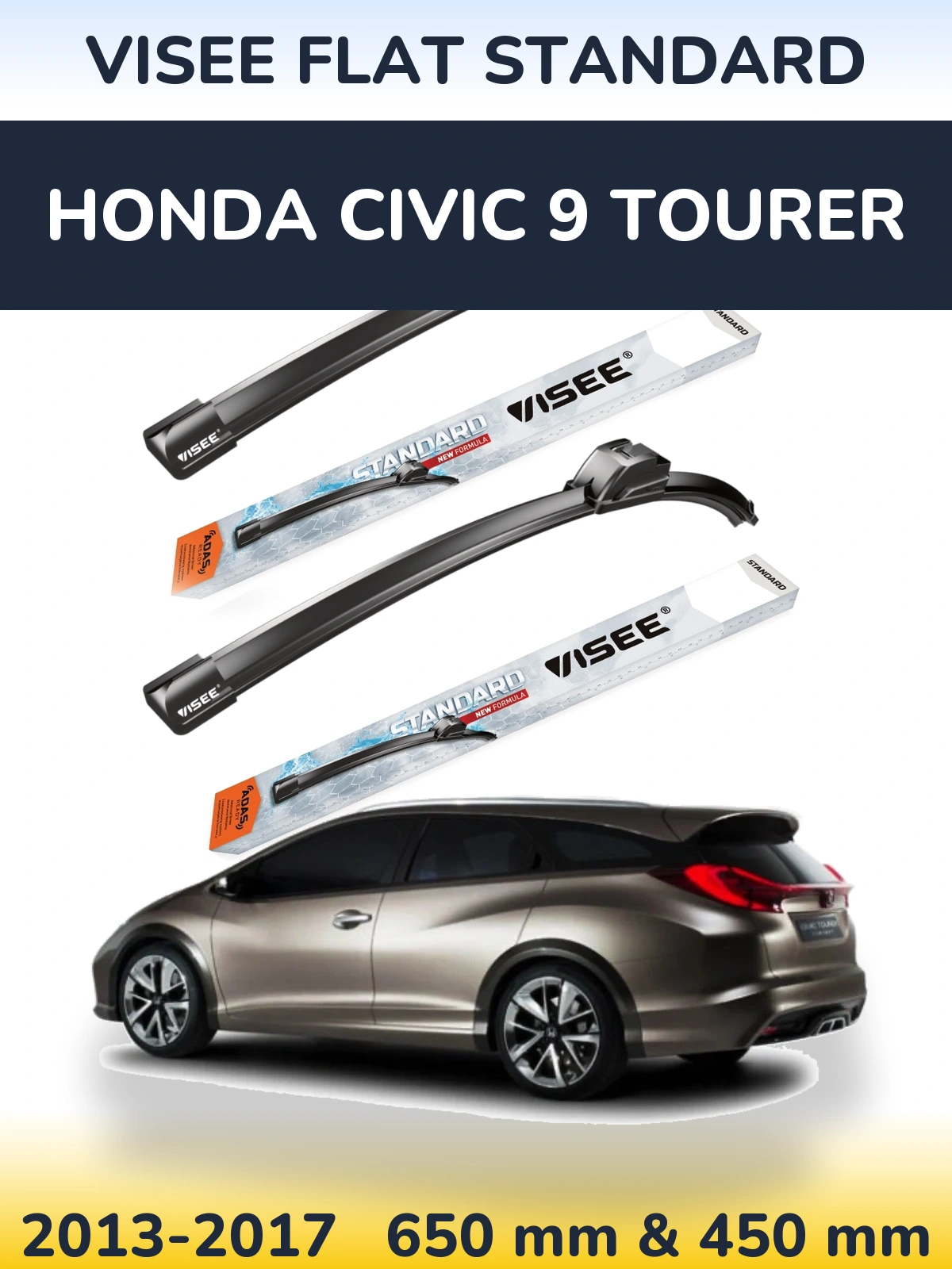 Комплект передних дворников VISEE FLAT STANDARD 650 & 450 мм для Honda Civic 9 Tourer 2013-2017