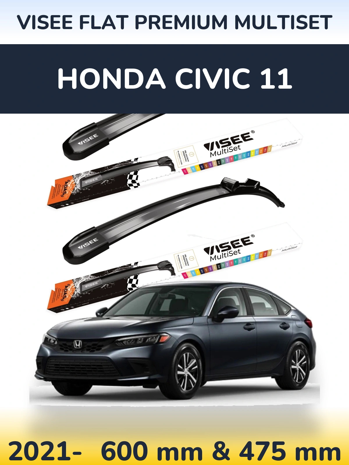 Комплект передніх щіток VISEE FLAT PREMIUM MultiSet 600 & 475 мм для Honda Civic 11 2021-2026