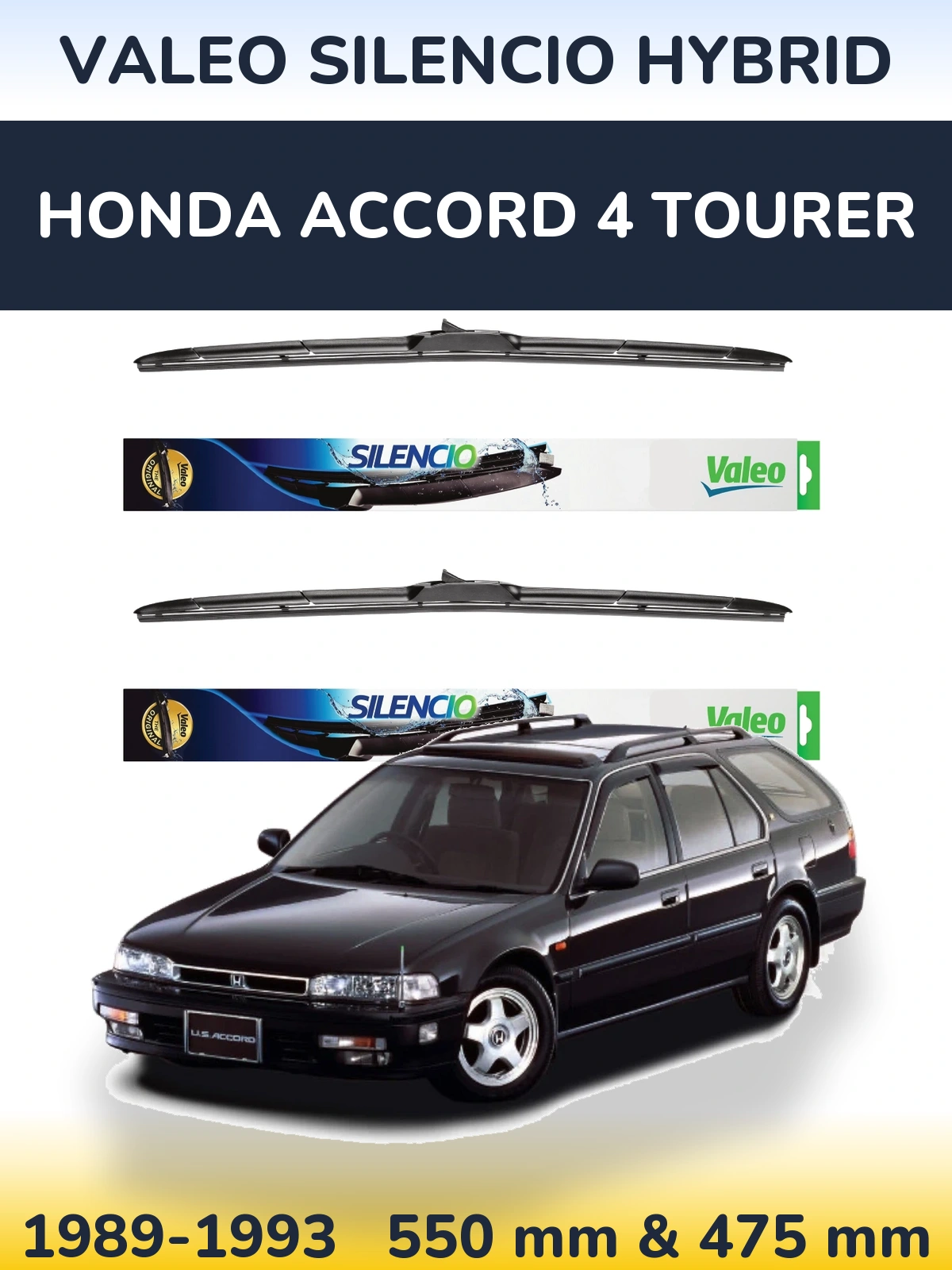 Front wiper blade set Valeo Silencio Hybrid 550 & 475 мм for Honda Accord 4 Tourer 1989-1993