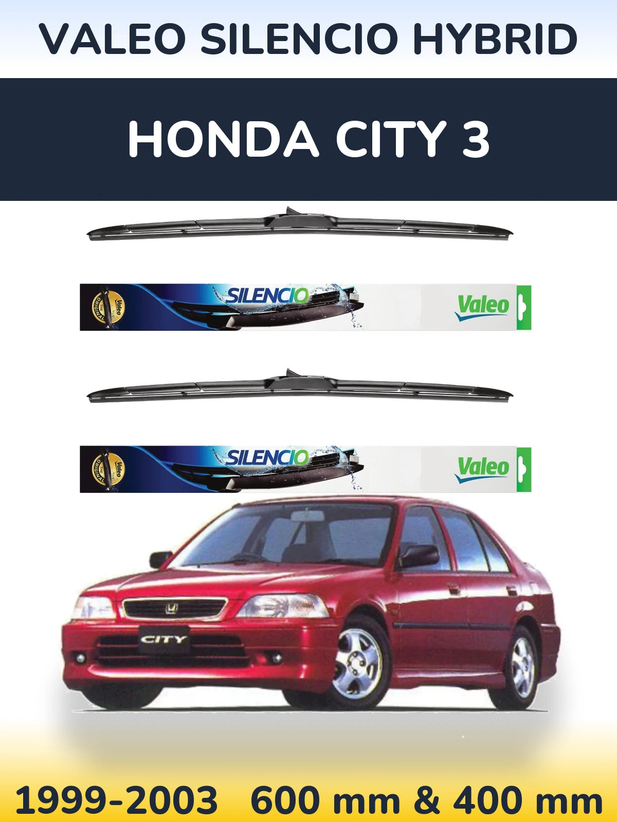 Front wiper blade set Valeo Silencio Hybrid 600 & 400 mm for Honda City 3 1999-2003