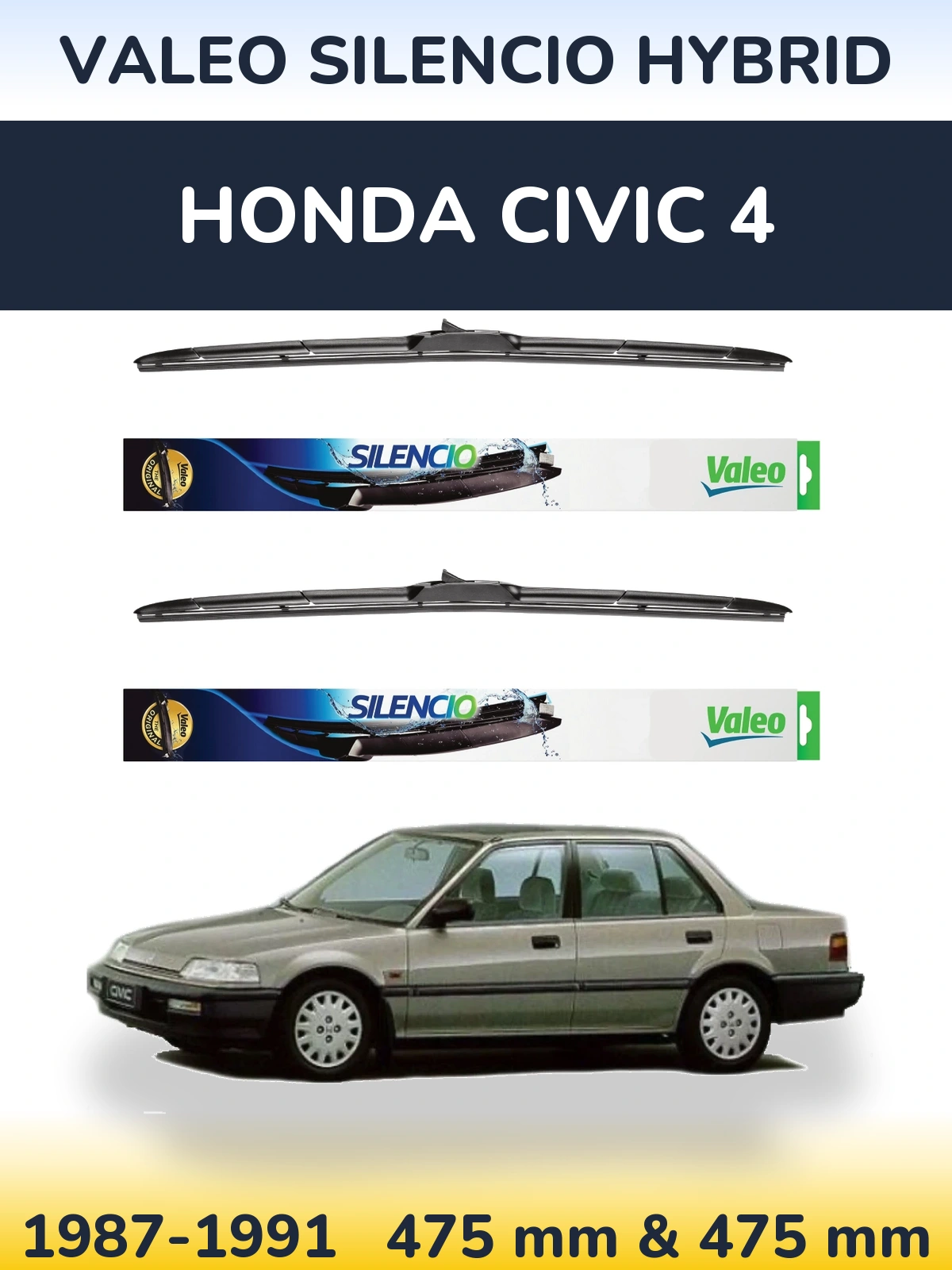 Front wiper blade set Valeo Silencio Hybrid 475 & 475 мм for Honda Civic 4 1987-1991