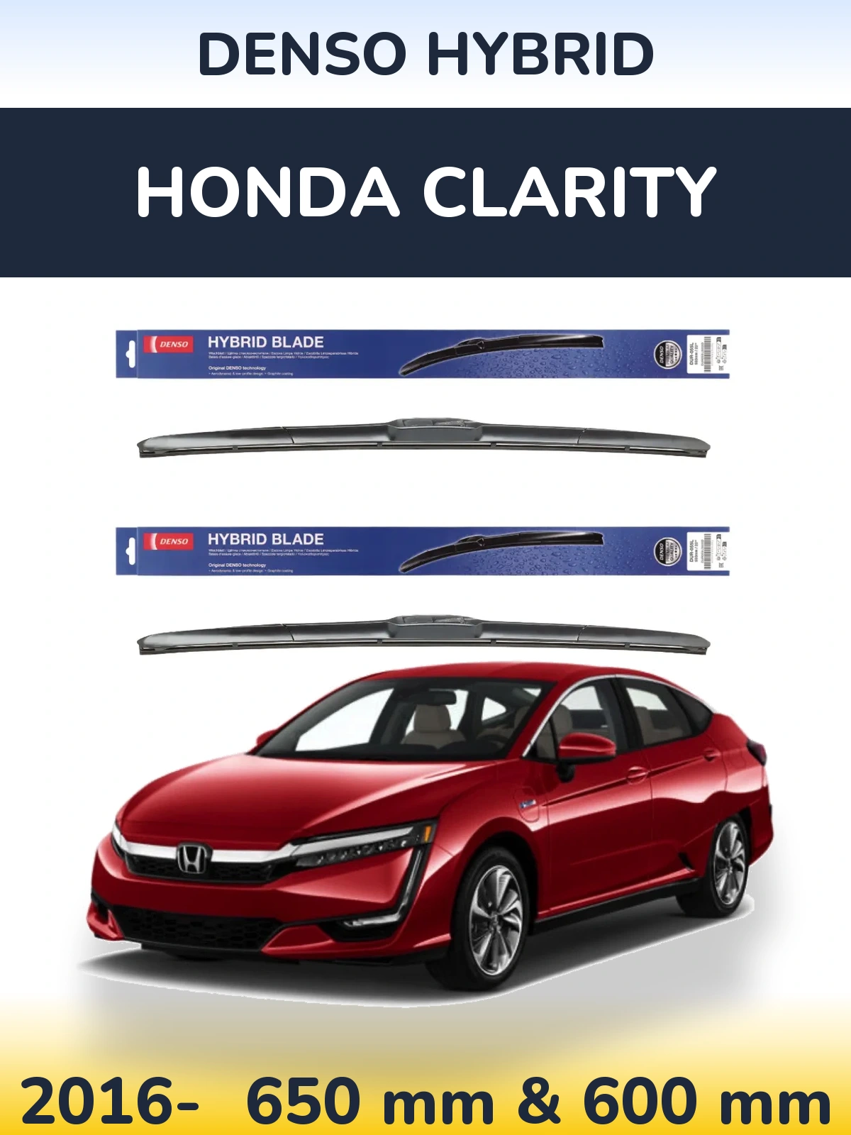 Front wiper blade set Denso Hybrid 650 & 600 mm for Honda Clarity 2016-2026