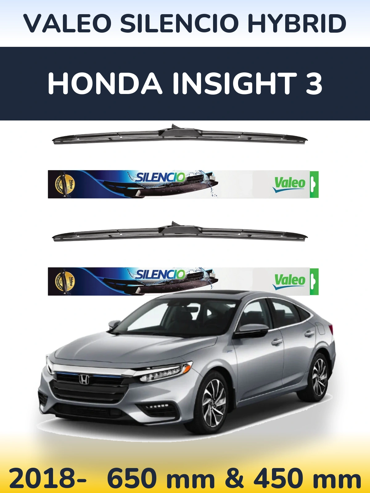 Front wiper blade set Valeo Silencio Hybrid 650 & 450 мм for Honda Insight 3 2018-2026