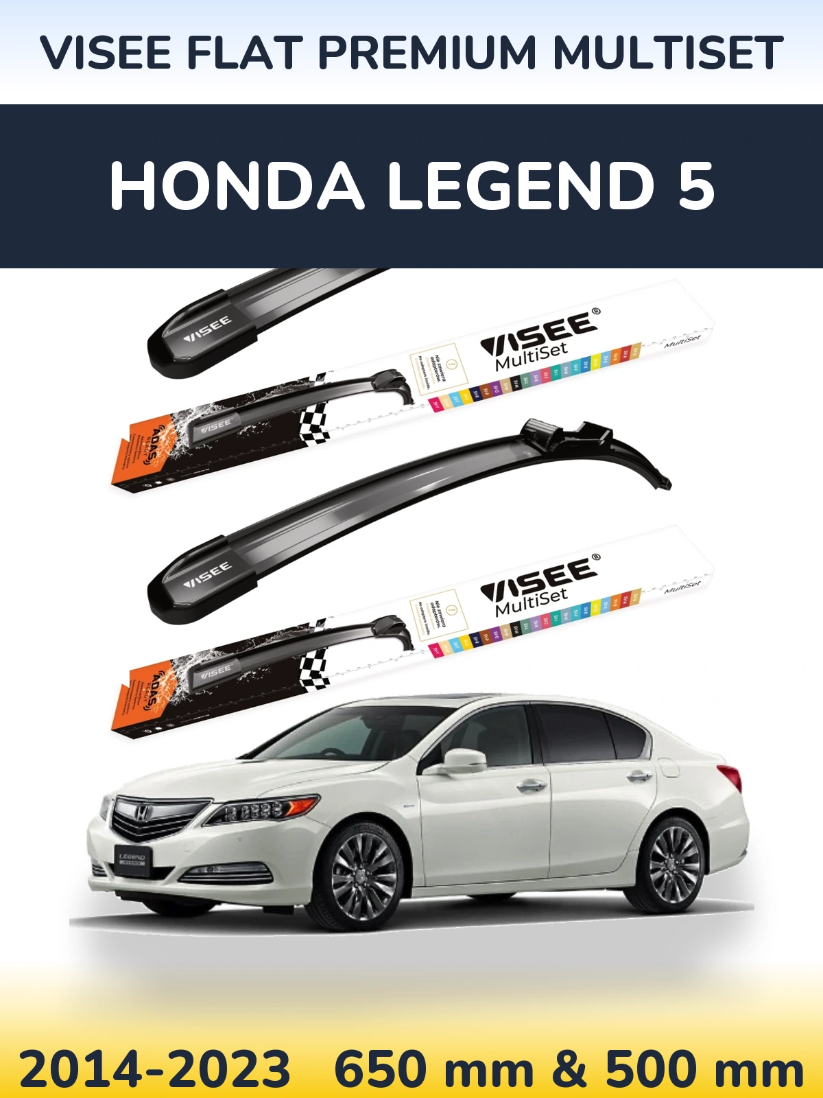 Komplet przednich wycieraczek VISEE FLAT PREMIUM MultiSet 650 & 500 mm do Honda Legend 5 2014-2023