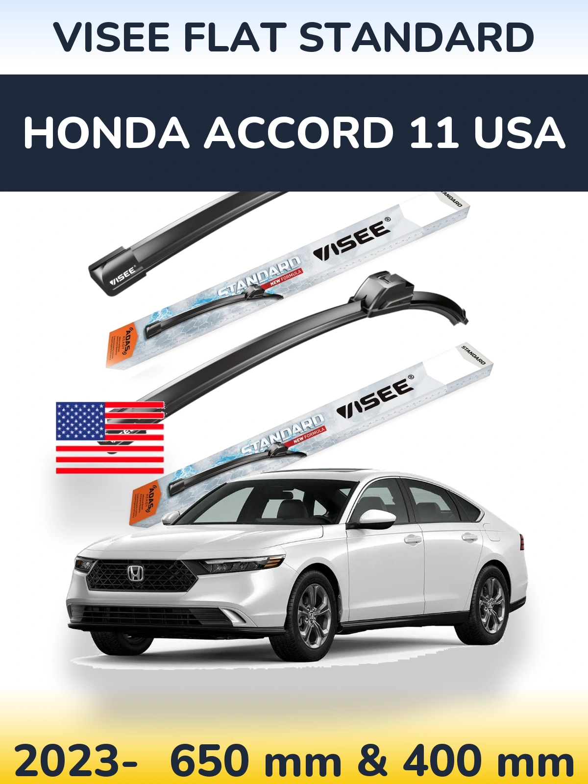 Комплект передних дворников VISEE FLAT STANDARD 650 & 400 мм для Honda Accord 11 USA 2023-2026