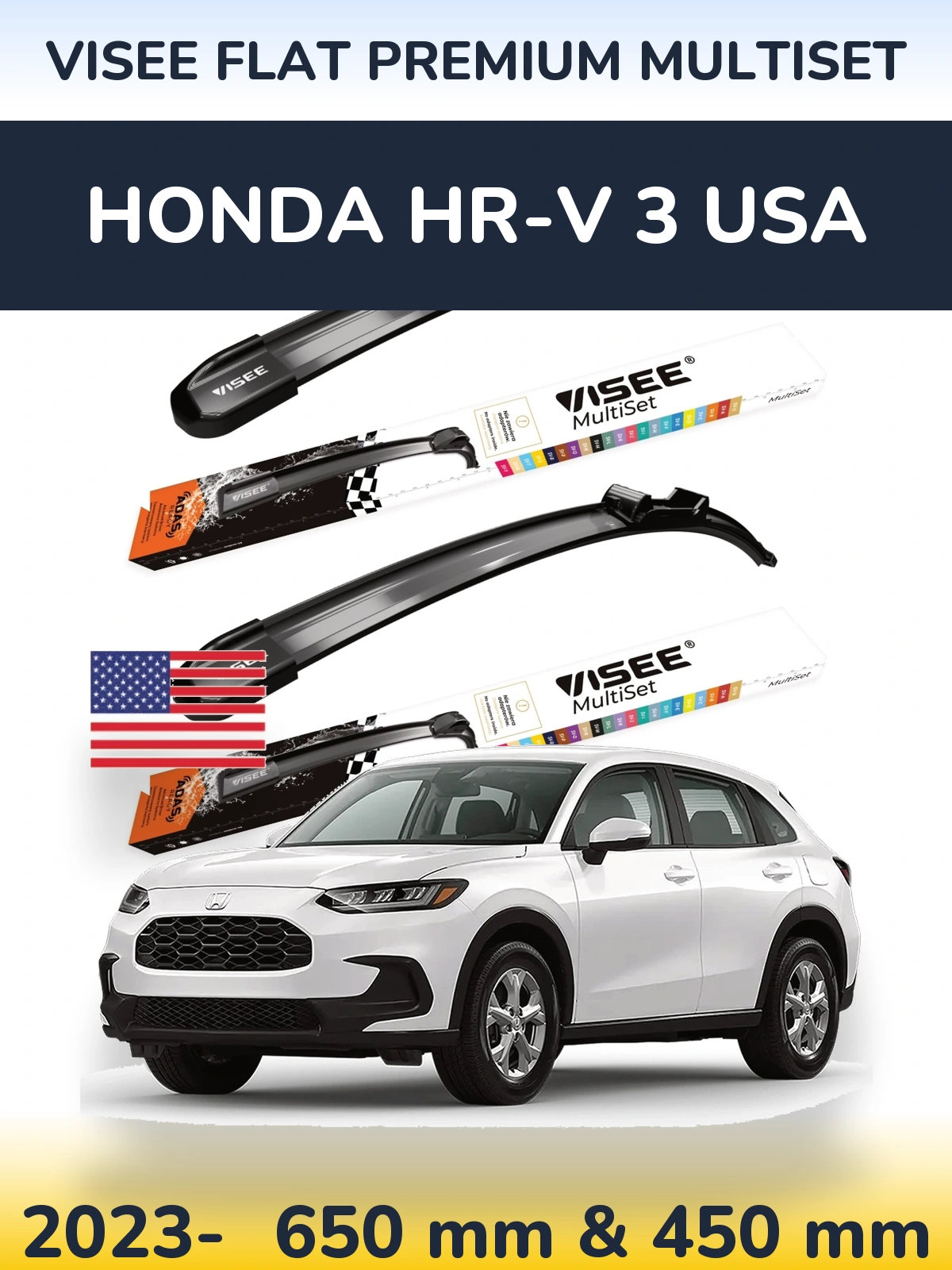 Комплект передних дворников VISEE FLAT PREMIUM MultiSet 650 & 450 мм для Honda HR-V 3 USA 2023-2026