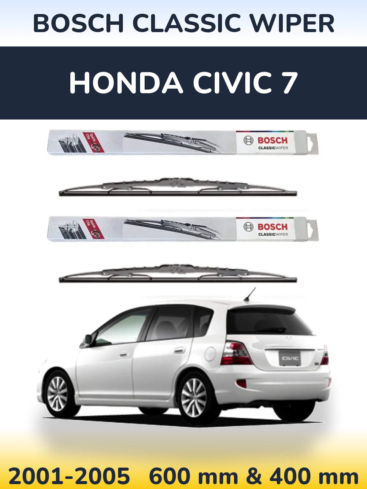 Front wiper blade set BOSCH Classic Wiper 600 & 400 mm for Honda Civic 7 2001-2005