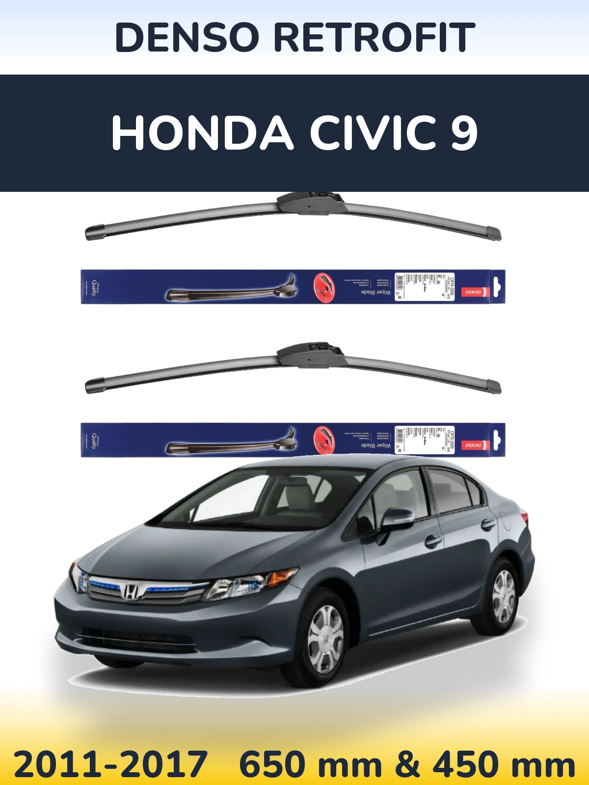 Front wiper blade set Denso Retrofit 650 & 450 мм for Honda Civic 9 2011-2017