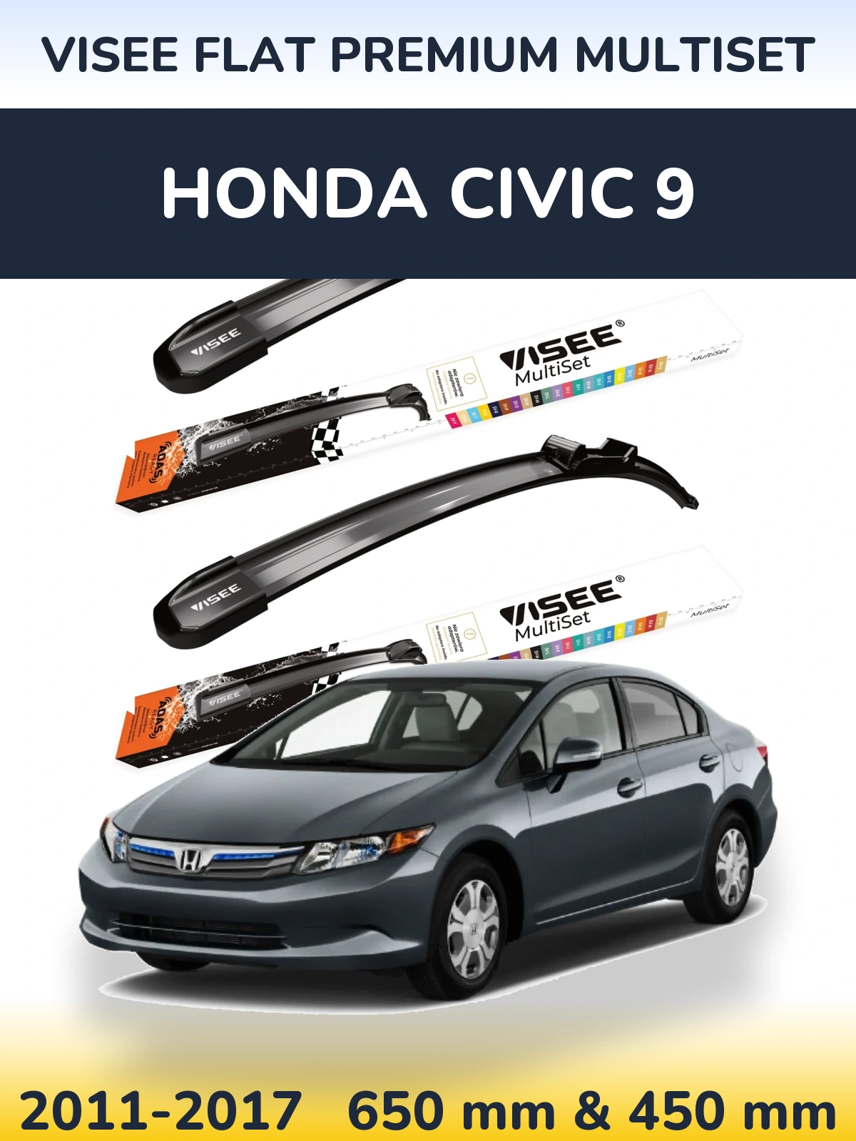 Комплект передних дворников VISEE FLAT PREMIUM MultiSet 650 & 450 мм для Honda Civic 9 2011-2017