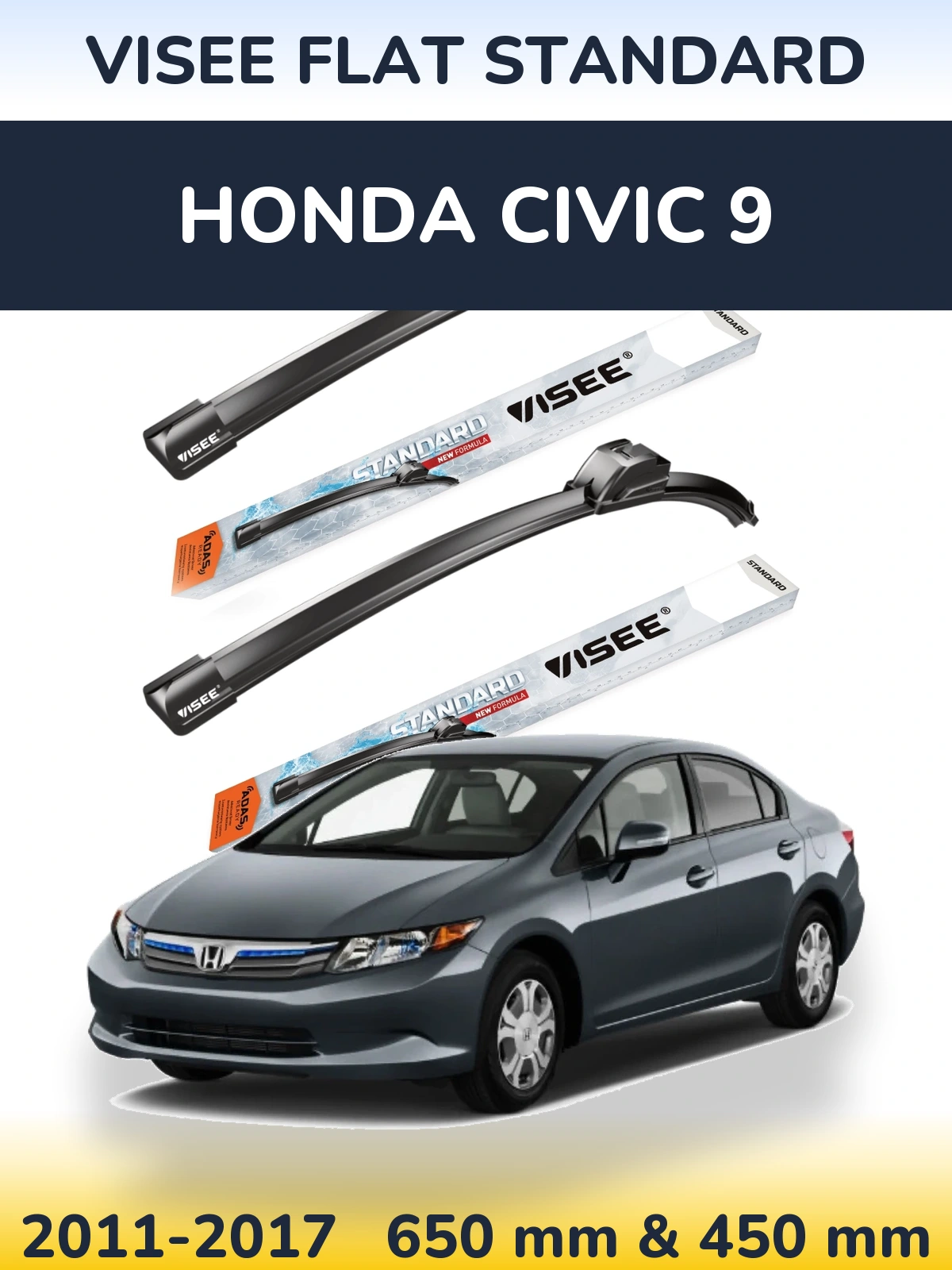 Front wiper blade set VISEE FLAT STANDARD 650 & 450 мм for Honda Civic 9 2011-2017