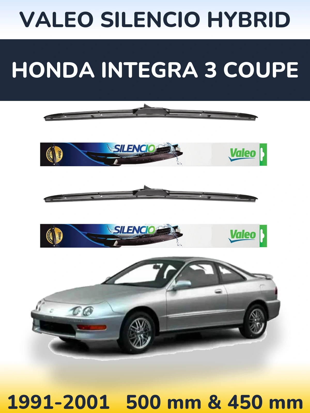 Front wiper blade set Valeo Silencio Hybrid 500 & 450 мм for Honda Integra 3 coupe 1991-2001