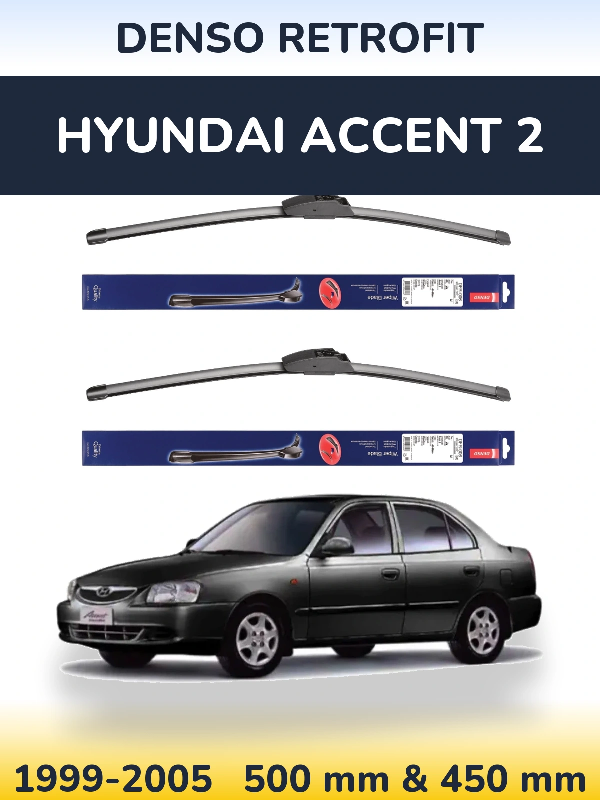 Front wiper blade set Denso Retrofit 500 & 450 mm for Hyundai Accent 2 1999-2005