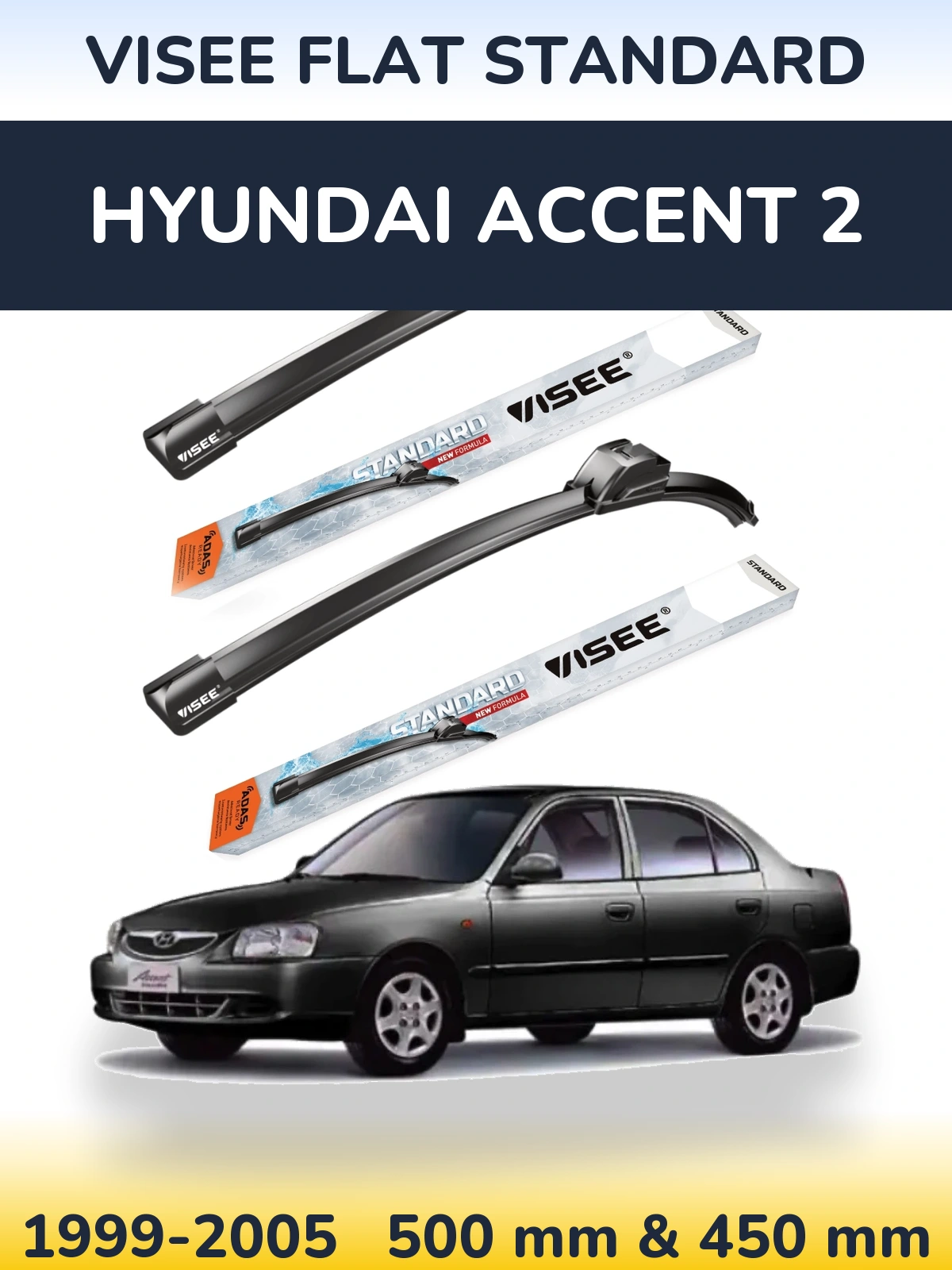 Комплект передних дворников VISEE FLAT STANDARD 500 & 450 мм для Hyundai Accent 2 1999-2005