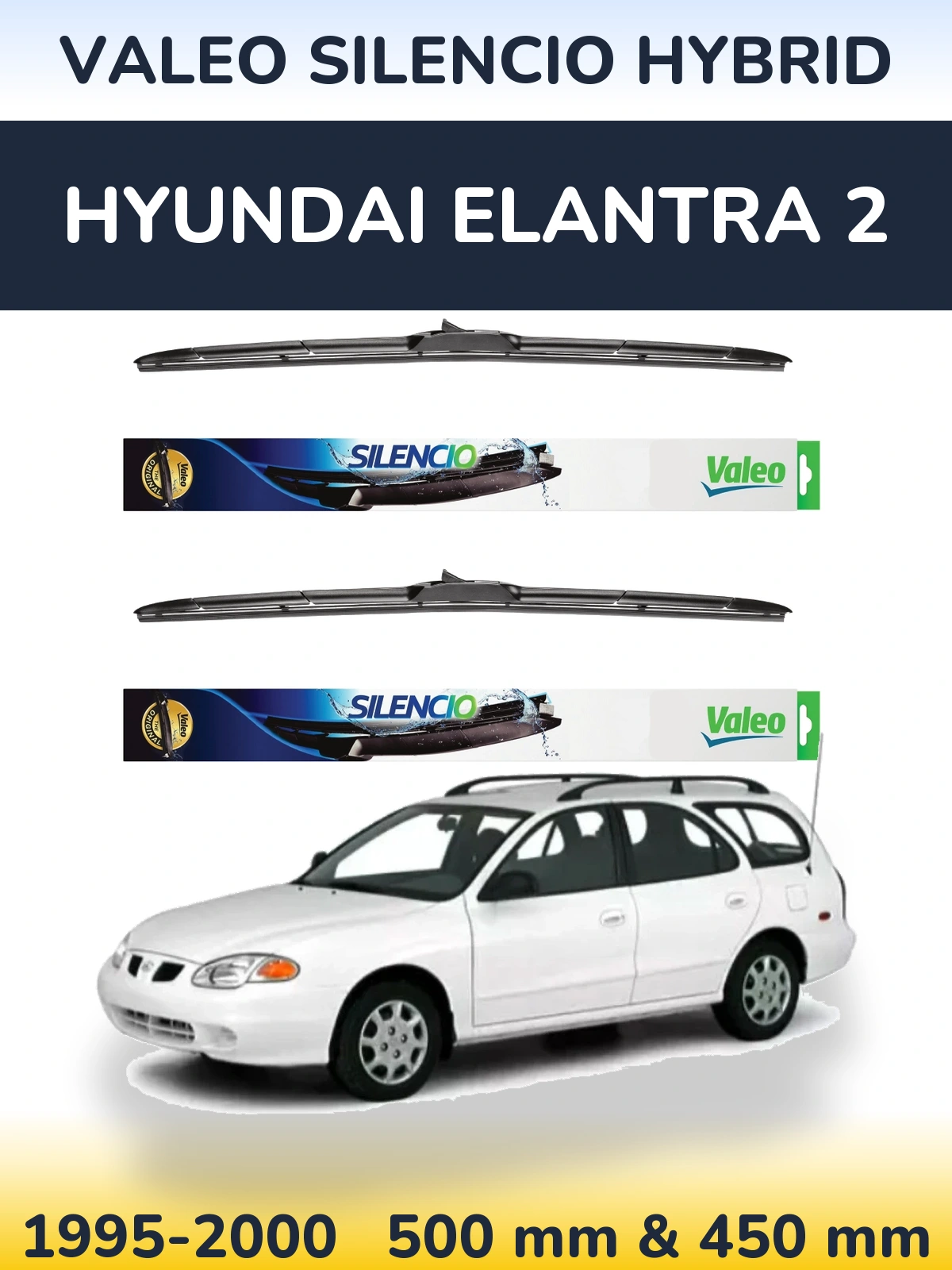 Komplet przednich wycieraczek Valeo Silencio Hybrid 500 & 450 mm do Hyundai Elantra 2 1995-2000