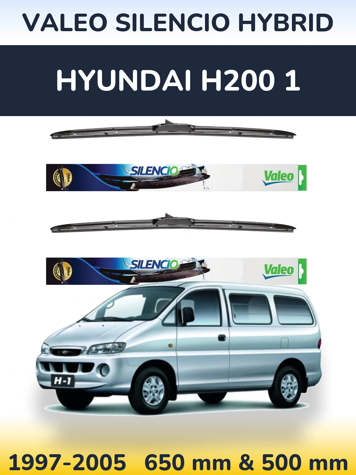 Front wiper blade set Valeo Silencio Hybrid 650 & 500 мм for Hyundai H200 1 1997-2005