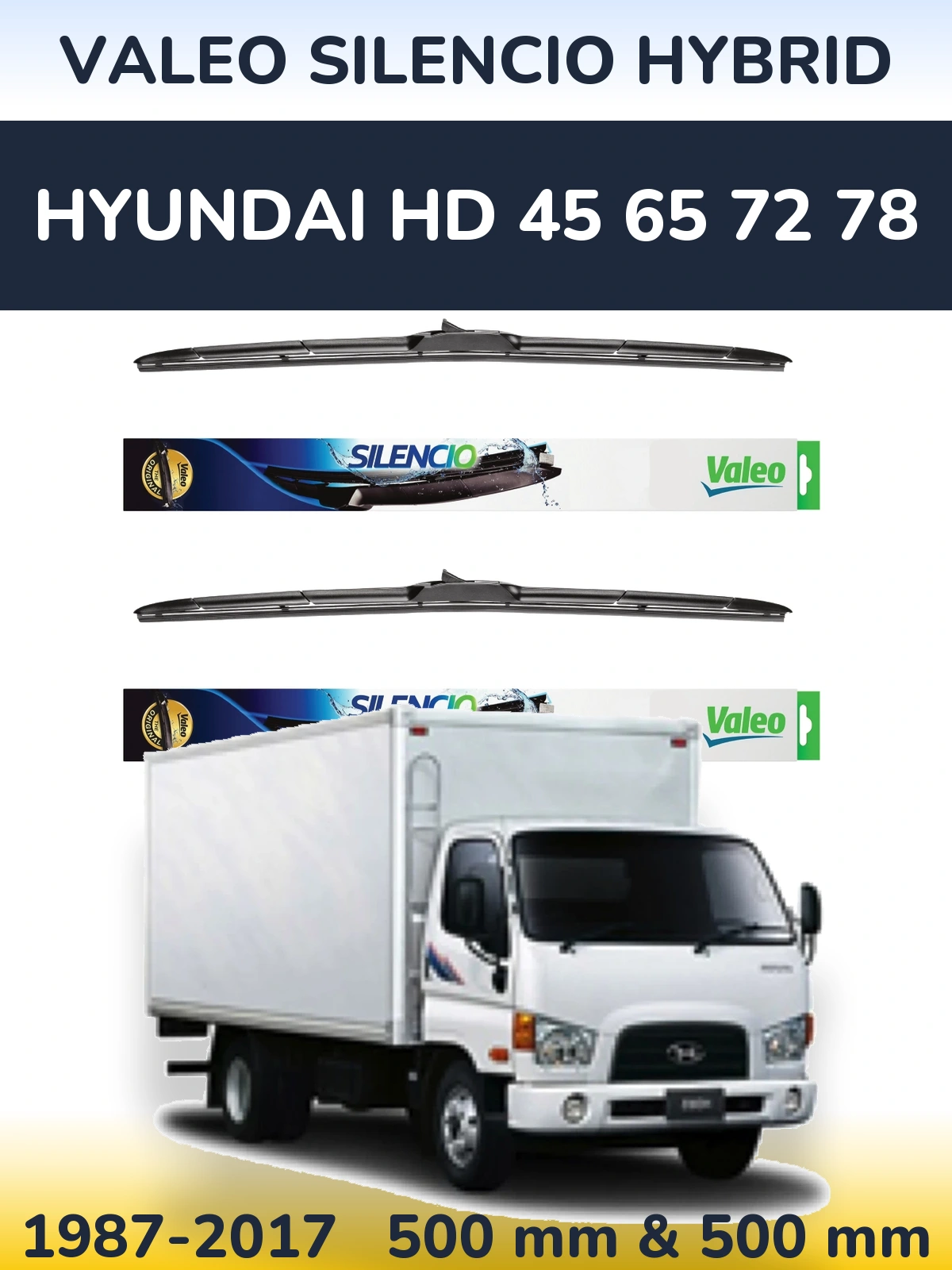 Front wiper blade set Valeo Silencio Hybrid 500 & 500 mm for Hyundai HD 45 65 72 78 1987-2017