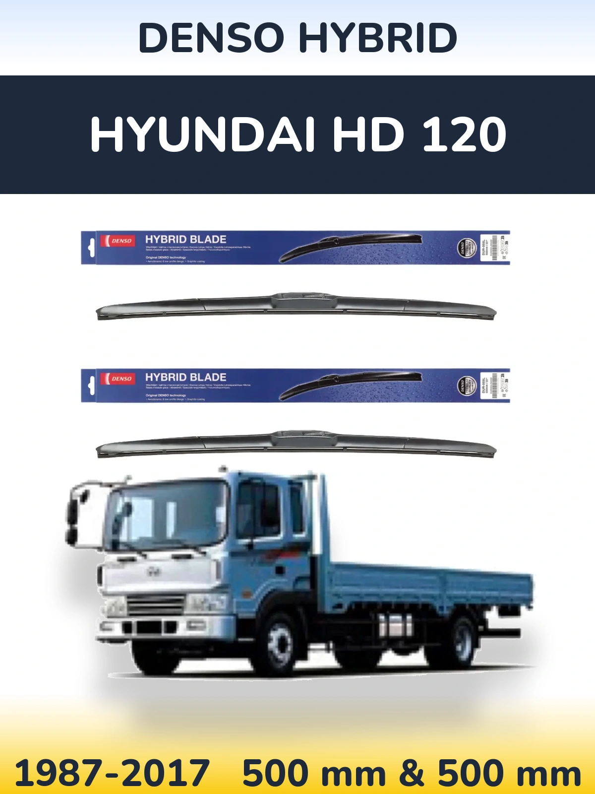 Front wiper blade set Denso Hybrid 500 & 500 мм for Hyundai HD 120 1987-2017