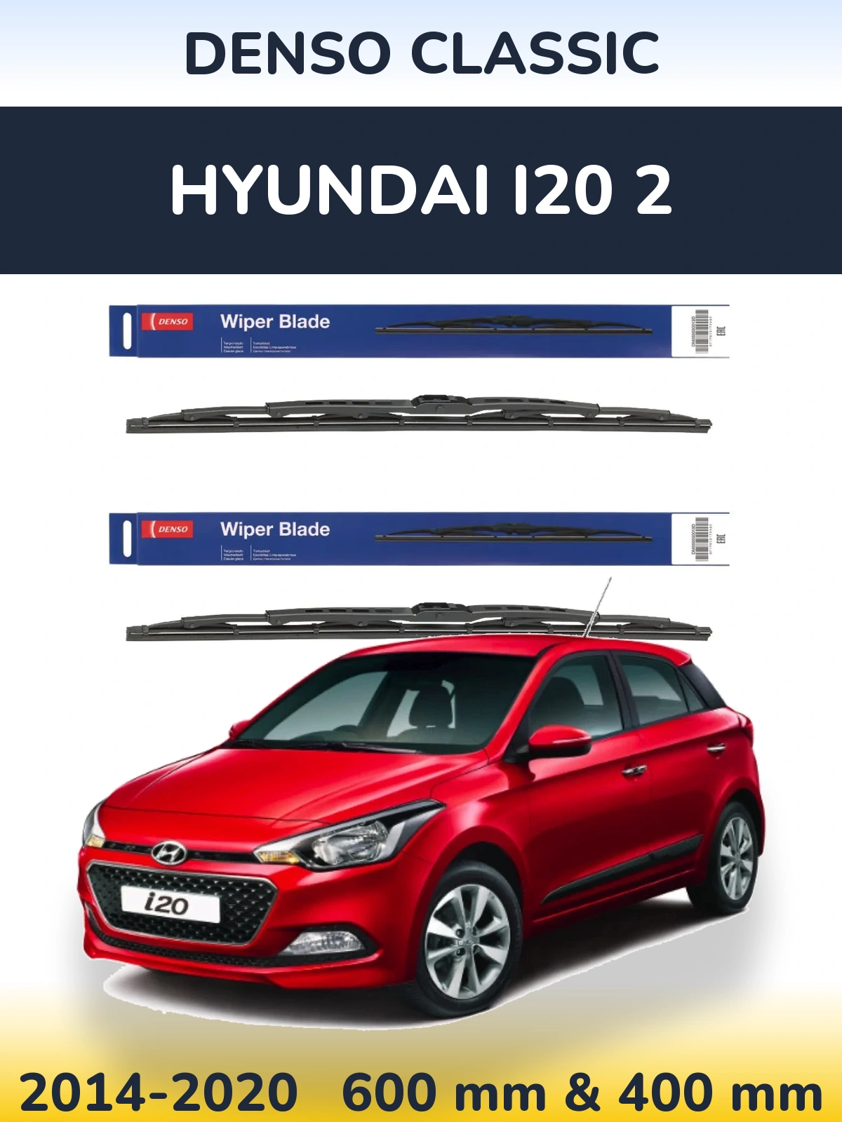 Front wiper blade set Denso Classic 600 & 400 mm for Hyundai i20 2 2014-2020