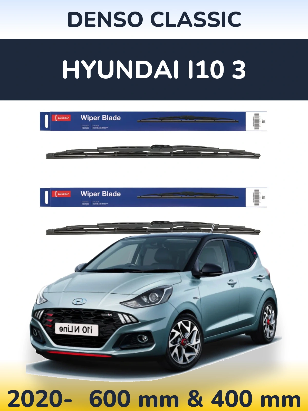 Front wiper blade set Denso Classic 600 & 400 мм for Hyundai i10 3 2020-2026