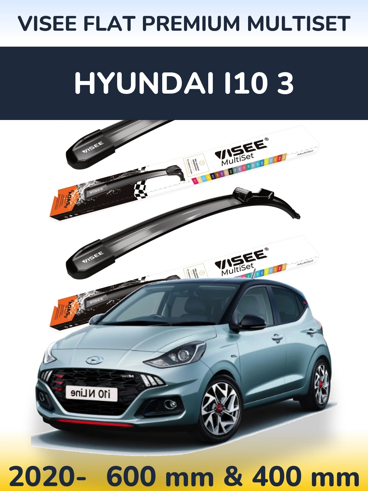 Комплект передних дворников VISEE FLAT PREMIUM MultiSet 600 & 400 мм для Hyundai i10 3 2020-2026