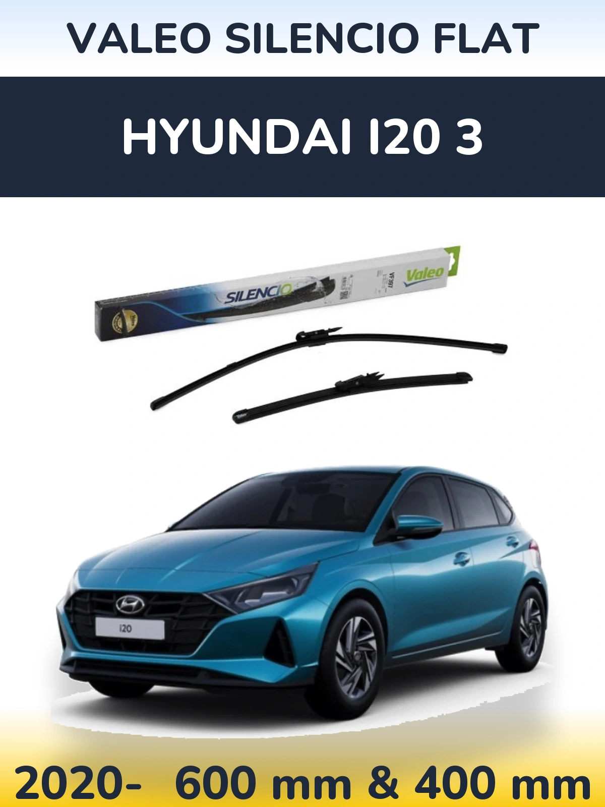 Front wiper blade set Valeo Silencio Flat 600 & 380 мм for Hyundai i20 3 2020-2026