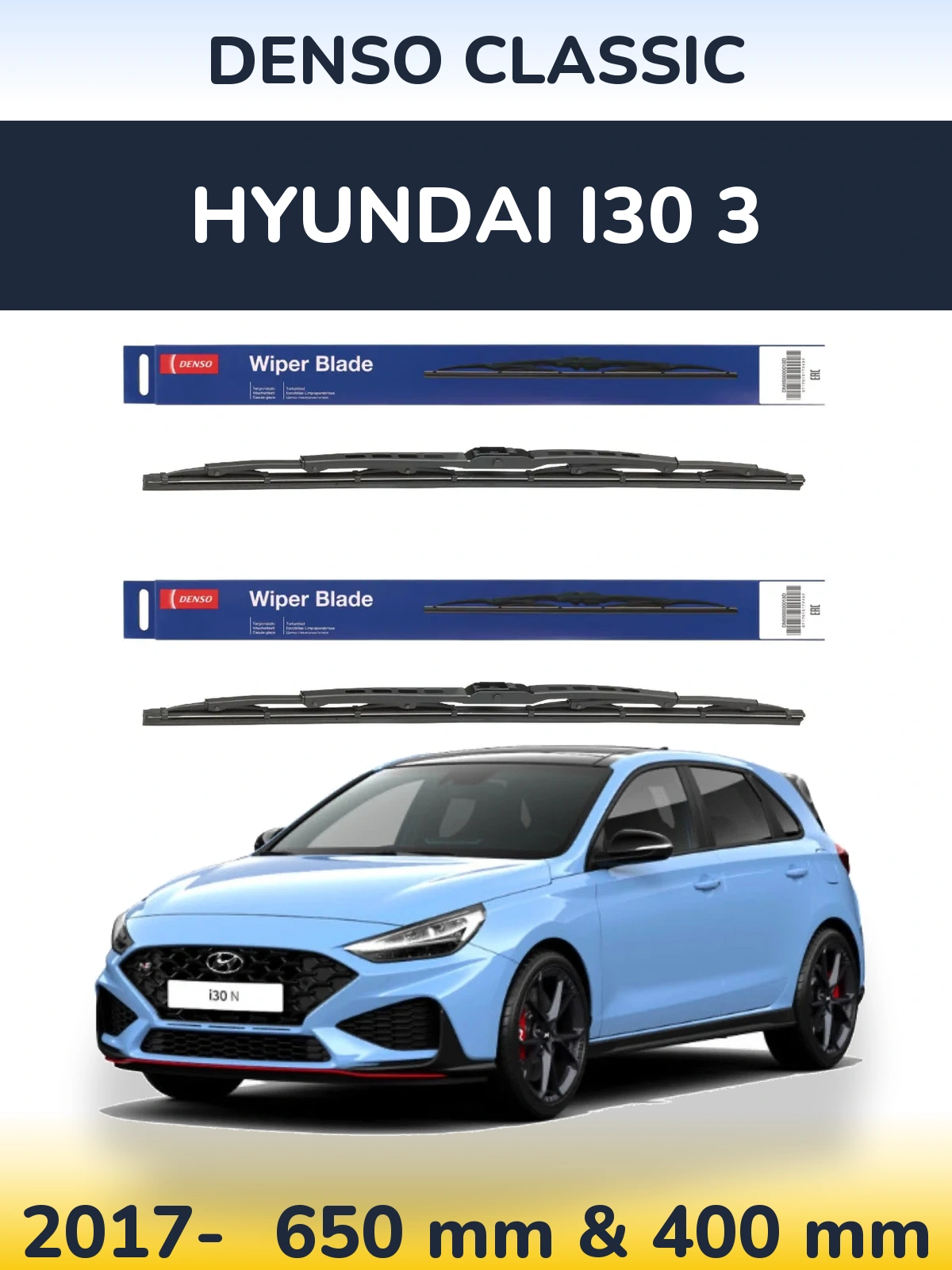 Front wiper blade set Denso Classic 650 & 400 mm for Hyundai i30 3 2017-2026
