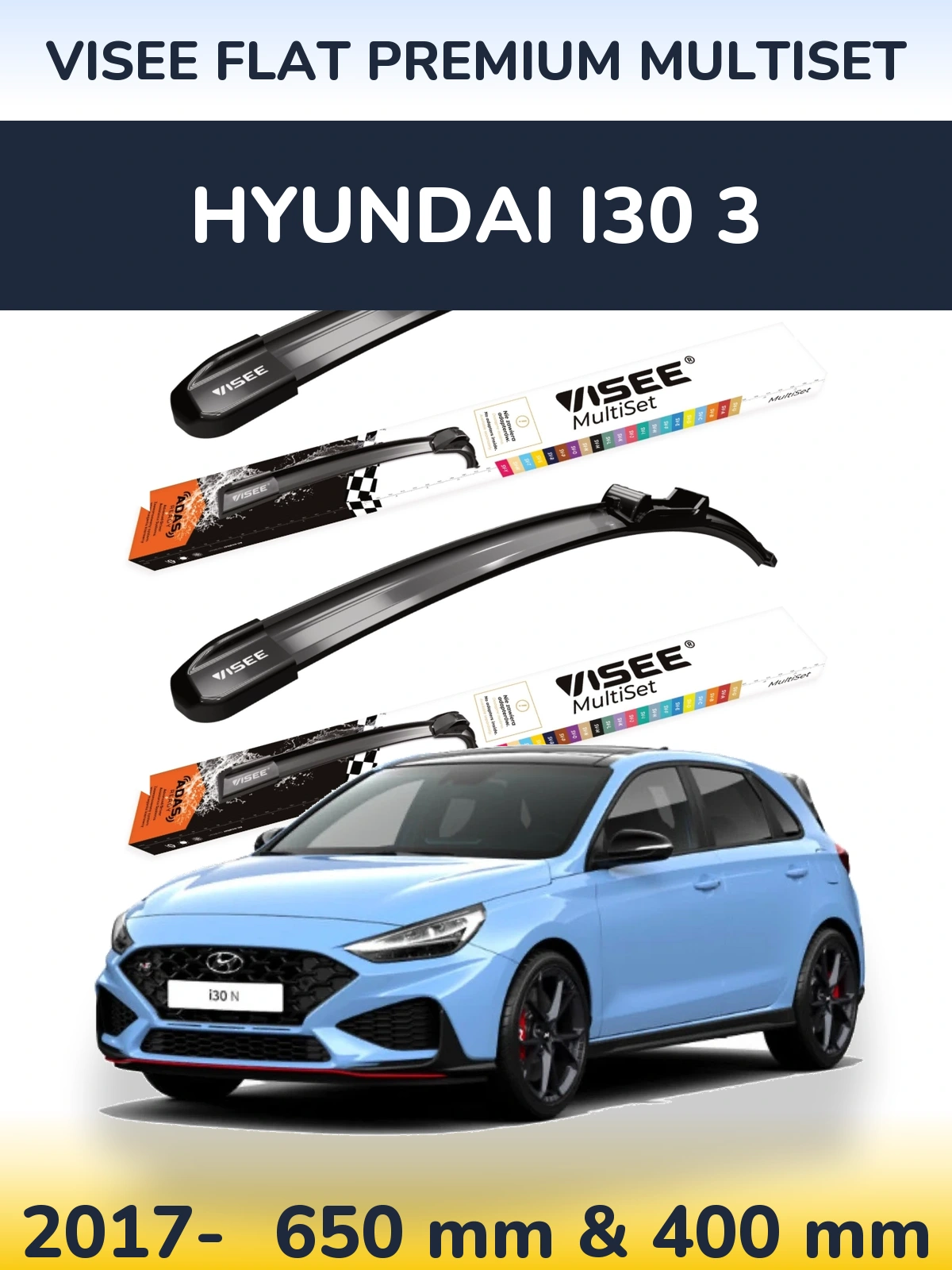 Komplet przednich wycieraczek VISEE FLAT PREMIUM MultiSet 650 & 400 mm do Hyundai i30 3 2017-2026