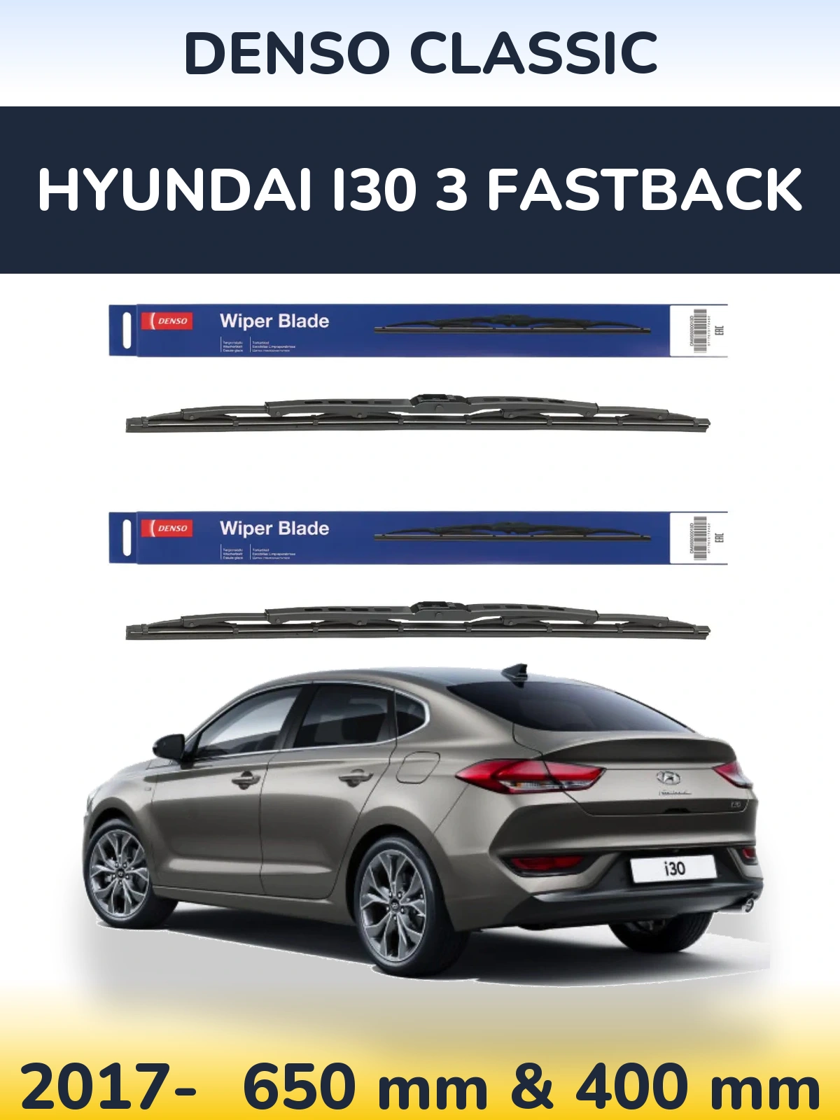Front wiper blade set Denso Classic 650 & 400 mm for Hyundai i30 3 Fastback 2017-2026