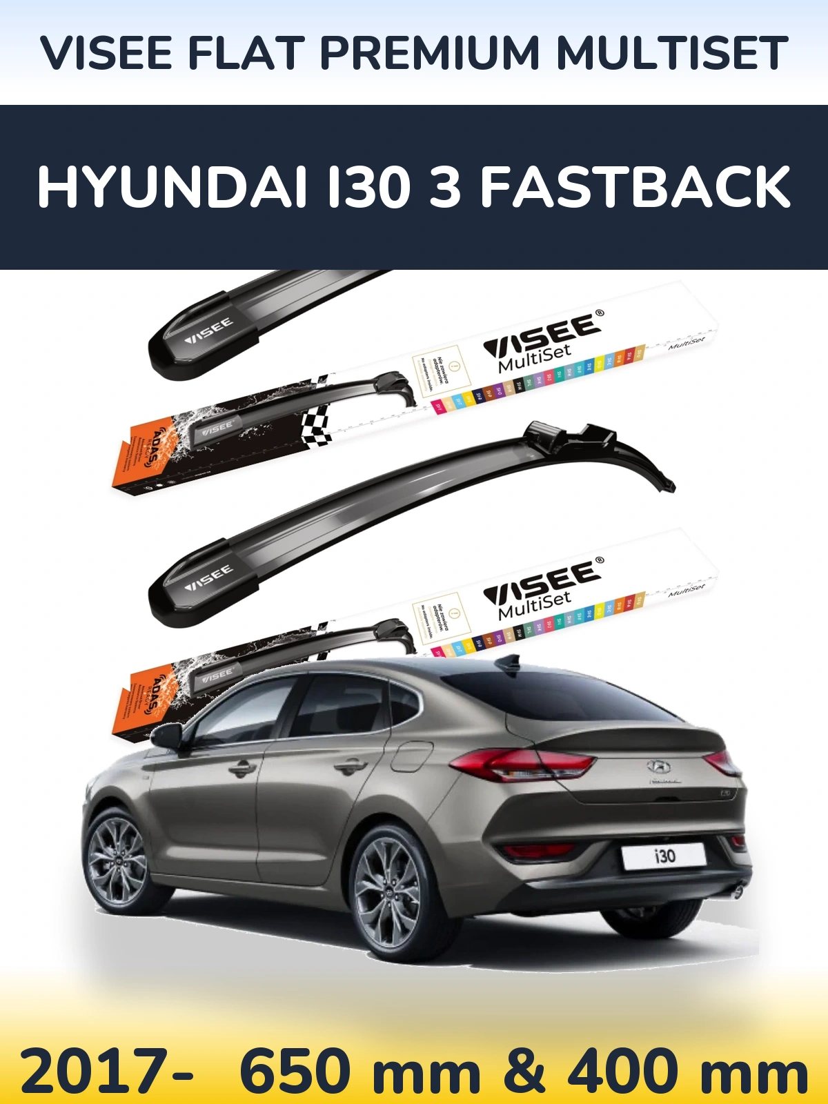 Komplet przednich wycieraczek VISEE FLAT PREMIUM MultiSet 650 & 400 mm do Hyundai i30 3 Fastback 2017-2026