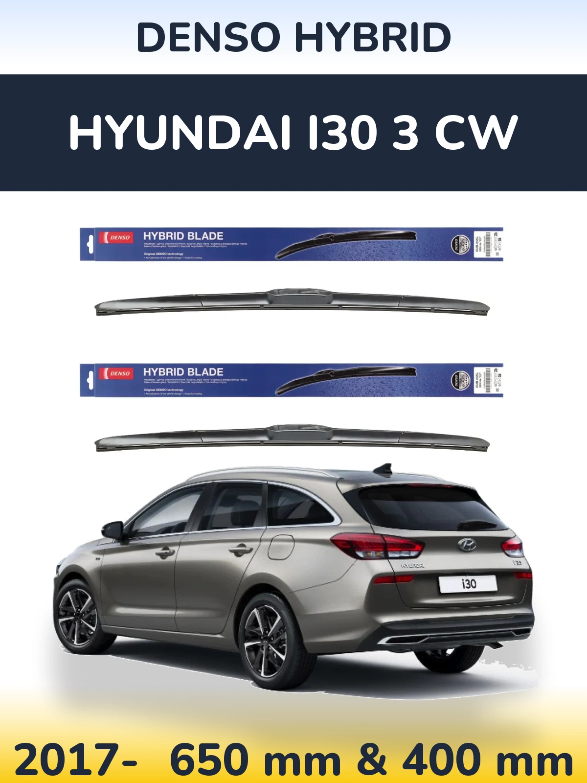 Front wiper blade set Denso Hybrid 650 & 400 мм for Hyundai i30 3 CW 2017-2026