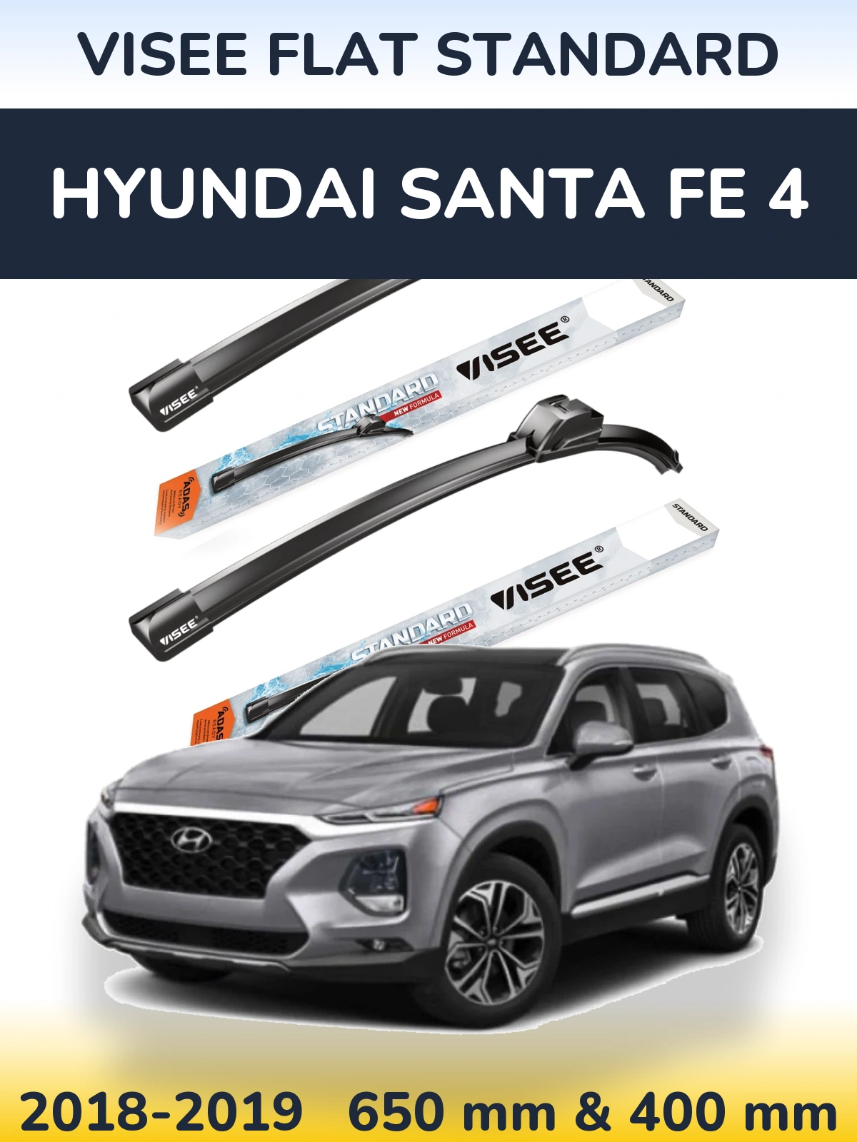 Front wiper blade set VISEE FLAT STANDARD 650 & 400 мм for Hyundai Santa Fe 4 2018-2019