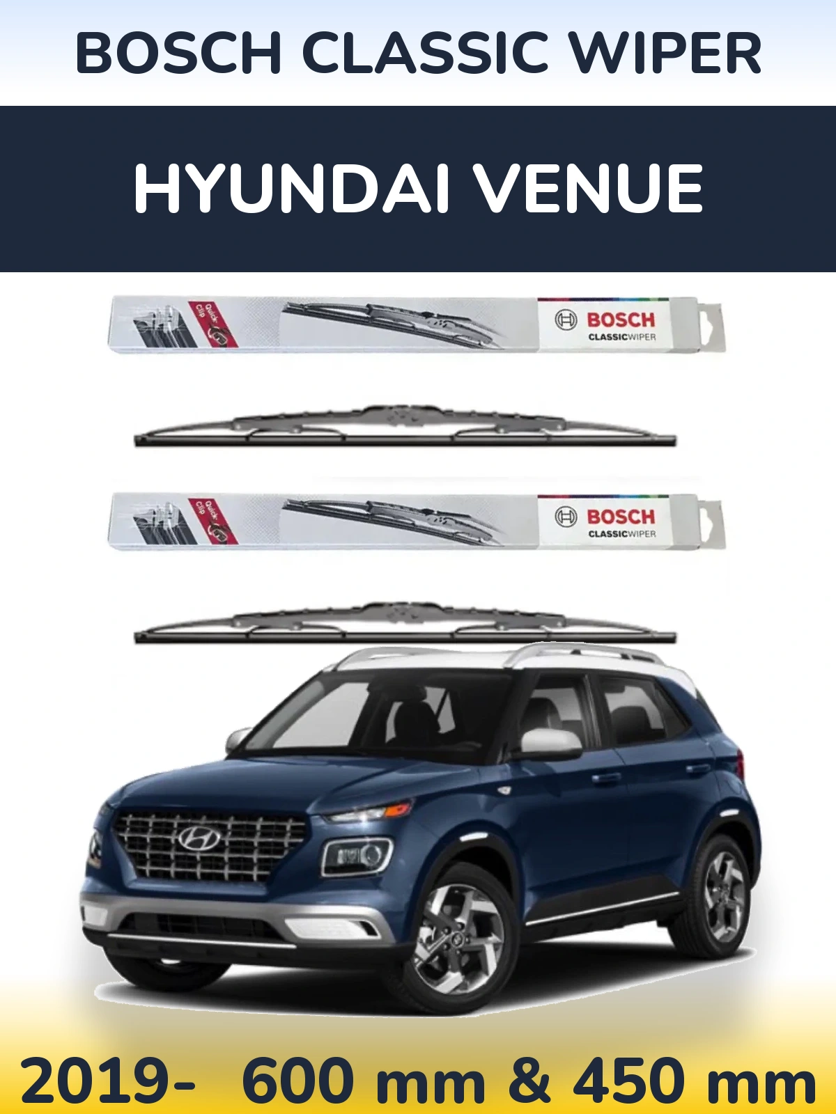 Комплект передних дворников BOSCH Classic Wiper 600 & 450 мм для Hyundai Venue 2019-2026