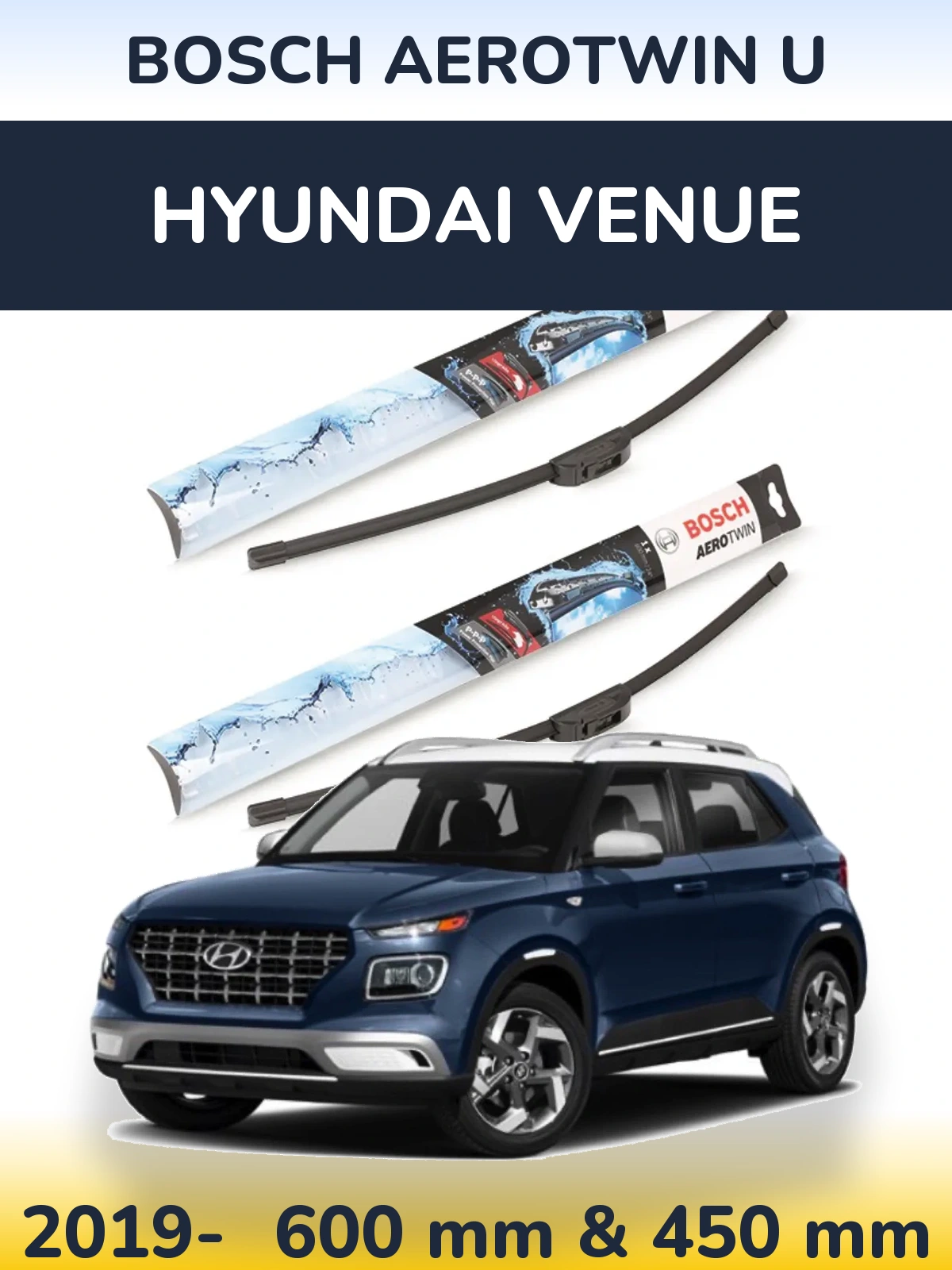 Комплект передних дворников BOSCH AeroTwin U 600 & 450 мм для Hyundai Venue 2019-2026
