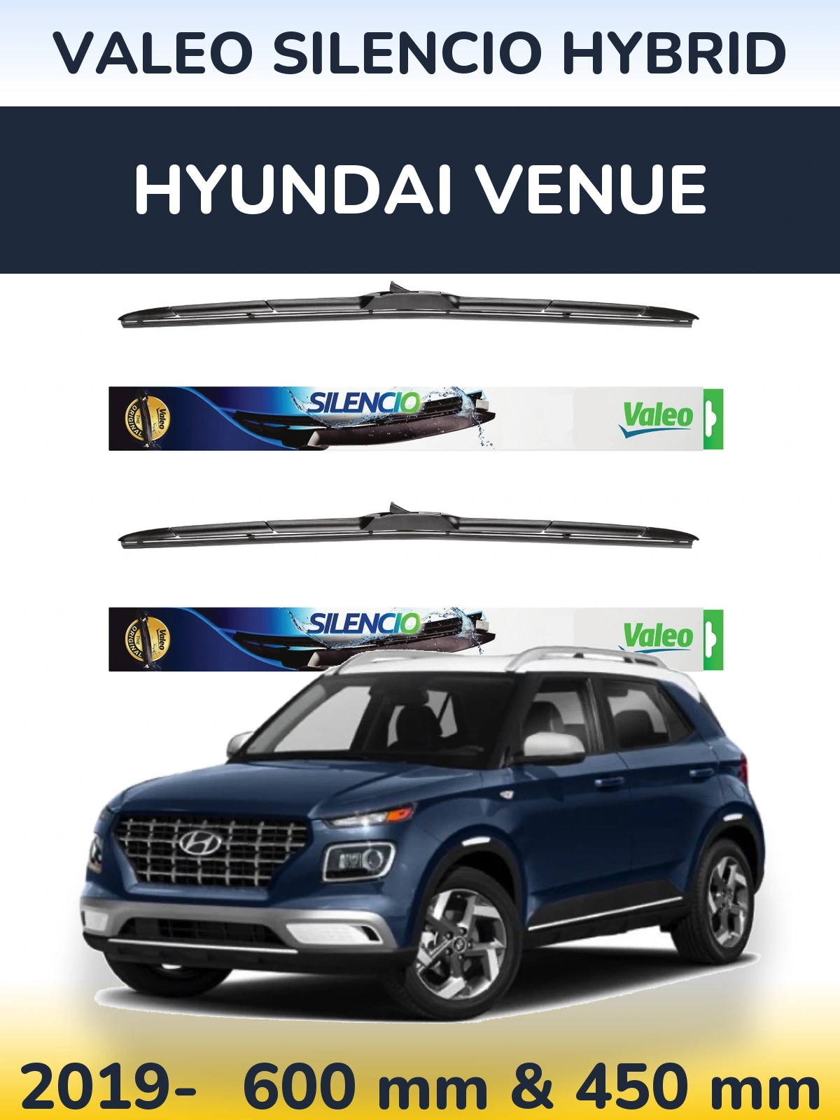 Front wiper blade set Valeo Silencio Hybrid 600 & 450 mm for Hyundai Venue 2019-2026