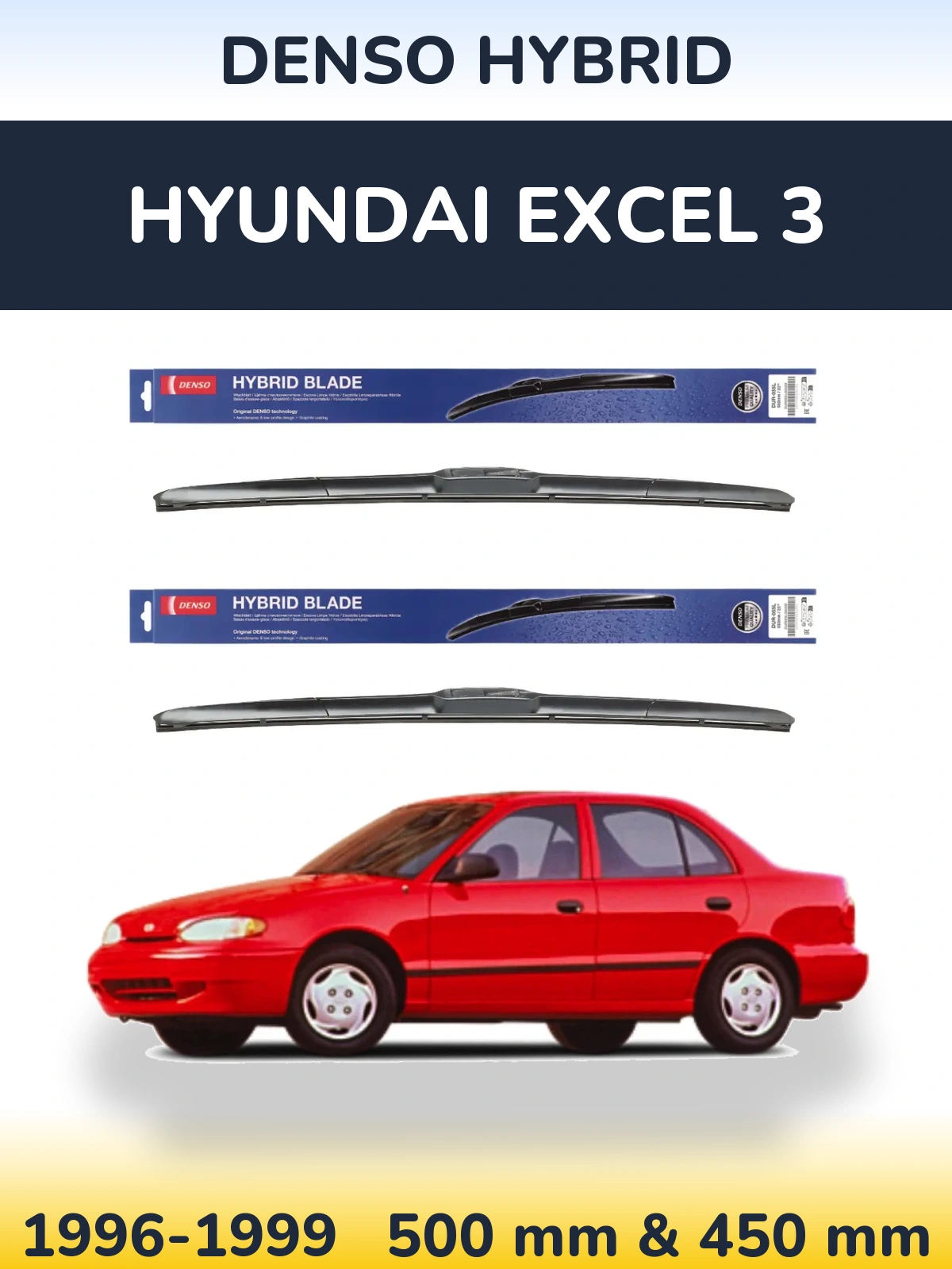 Komplet przednich wycieraczek Denso Hybrid 500 & 450 mm do Hyundai Excel 3 1996-1999