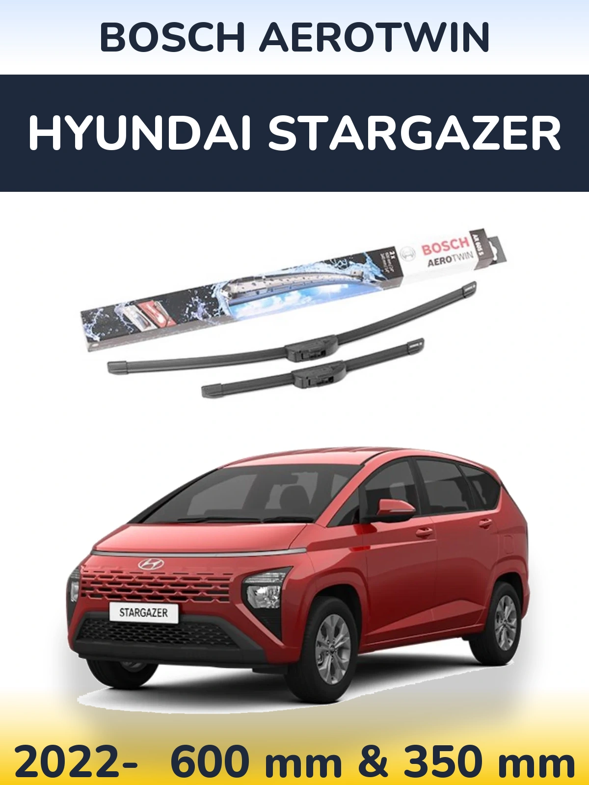 Комплект передних дворников BOSCH AeroTwin 600 & 350 мм для Hyundai Stargazer 2022-2026