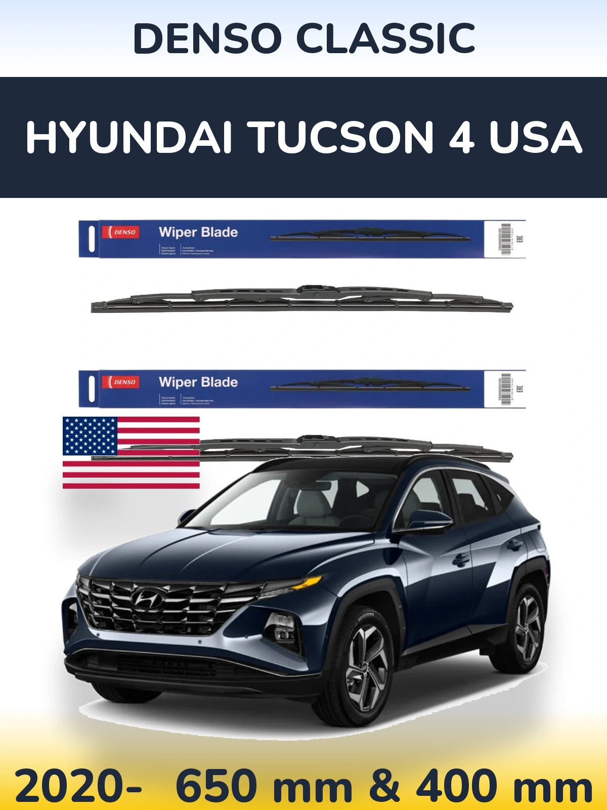 Front wiper blade set Denso Classic 650 & 400 mm for Hyundai Tucson 4 USA 2020-2026